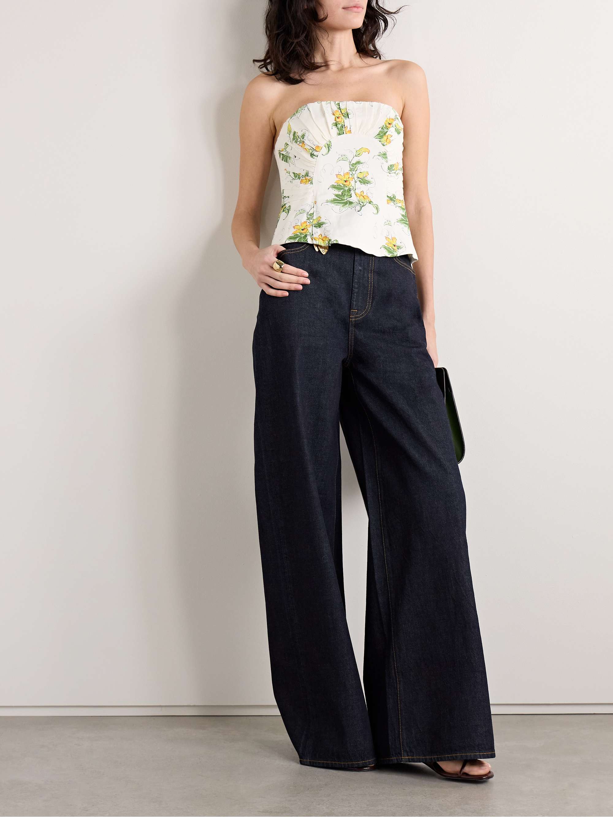 Otta strapless pleated floral-print linen-blend bustier top view