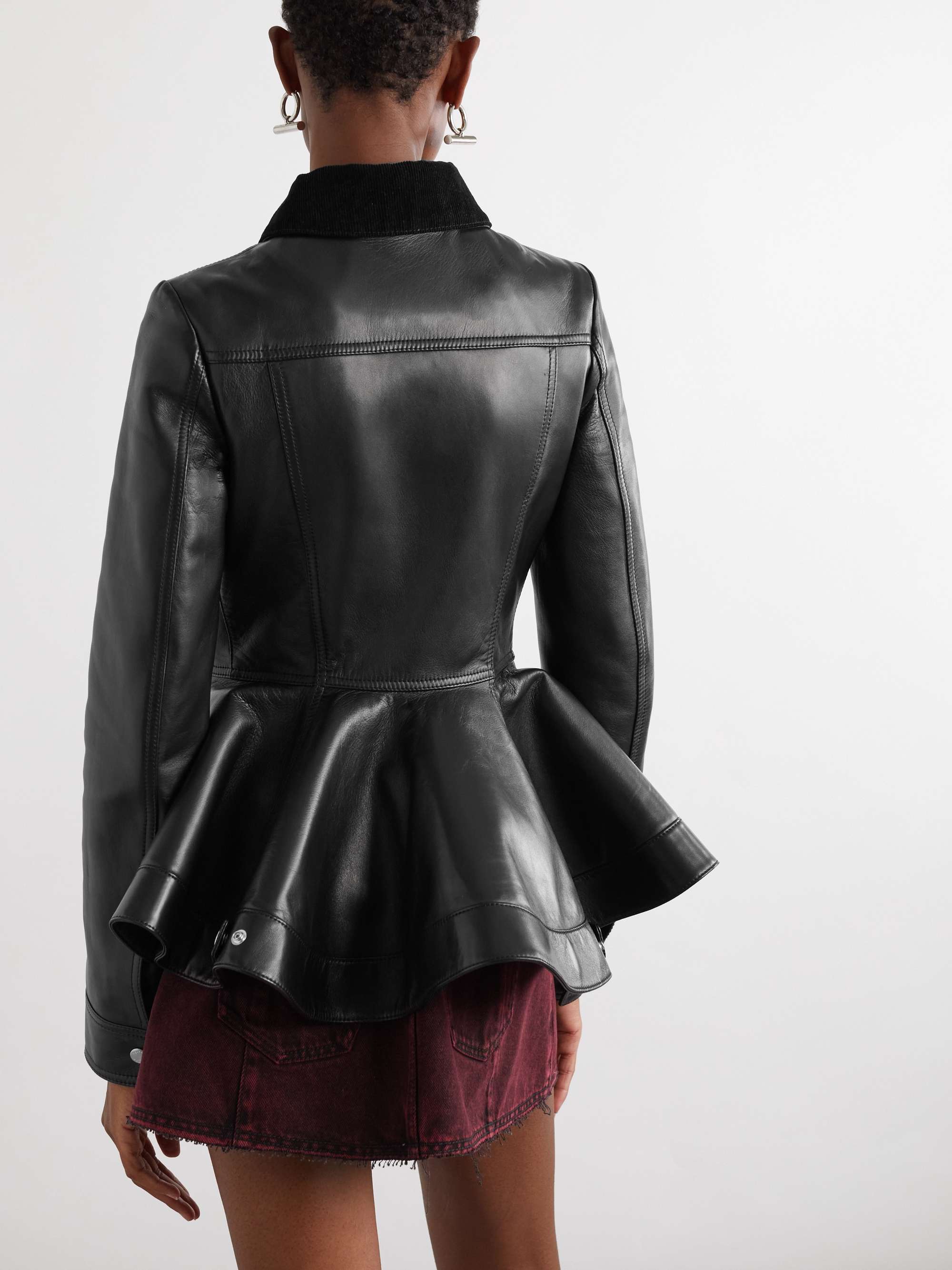Corduroy-trimmed leather peplum jacket view