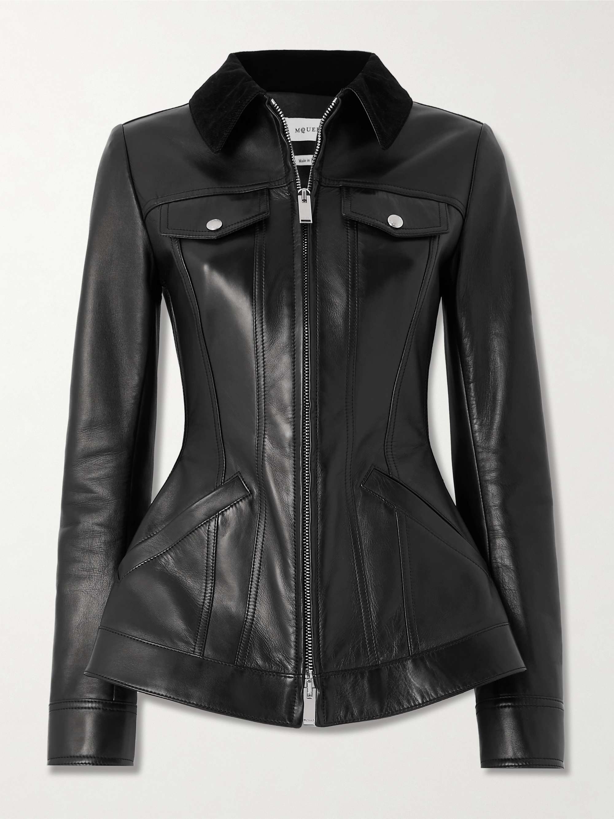 Corduroy-trimmed leather peplum jacket view