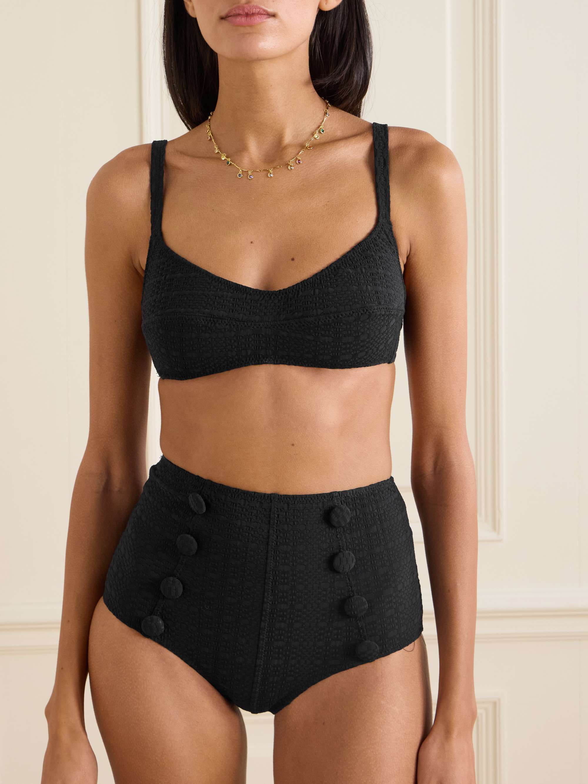Button-embellished seersucker bikini view