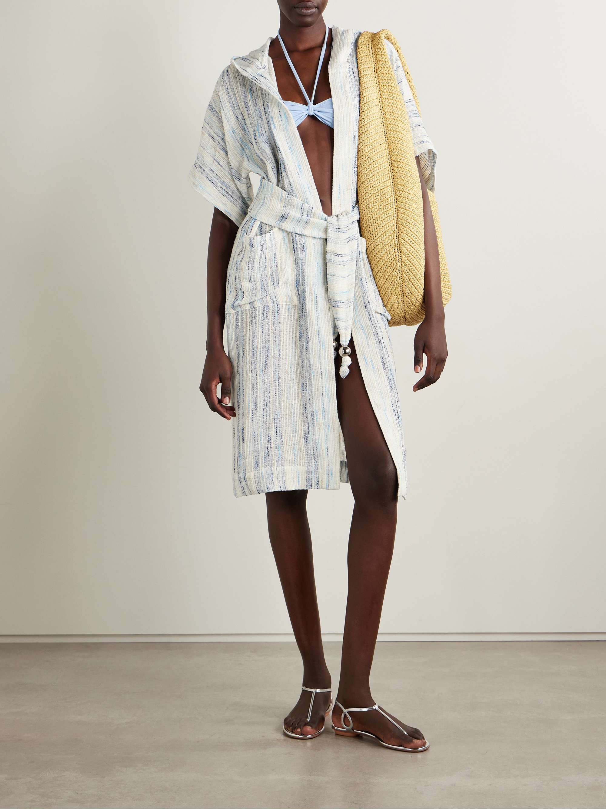Embellished belted striped linen-blend gauze hooded coverup view