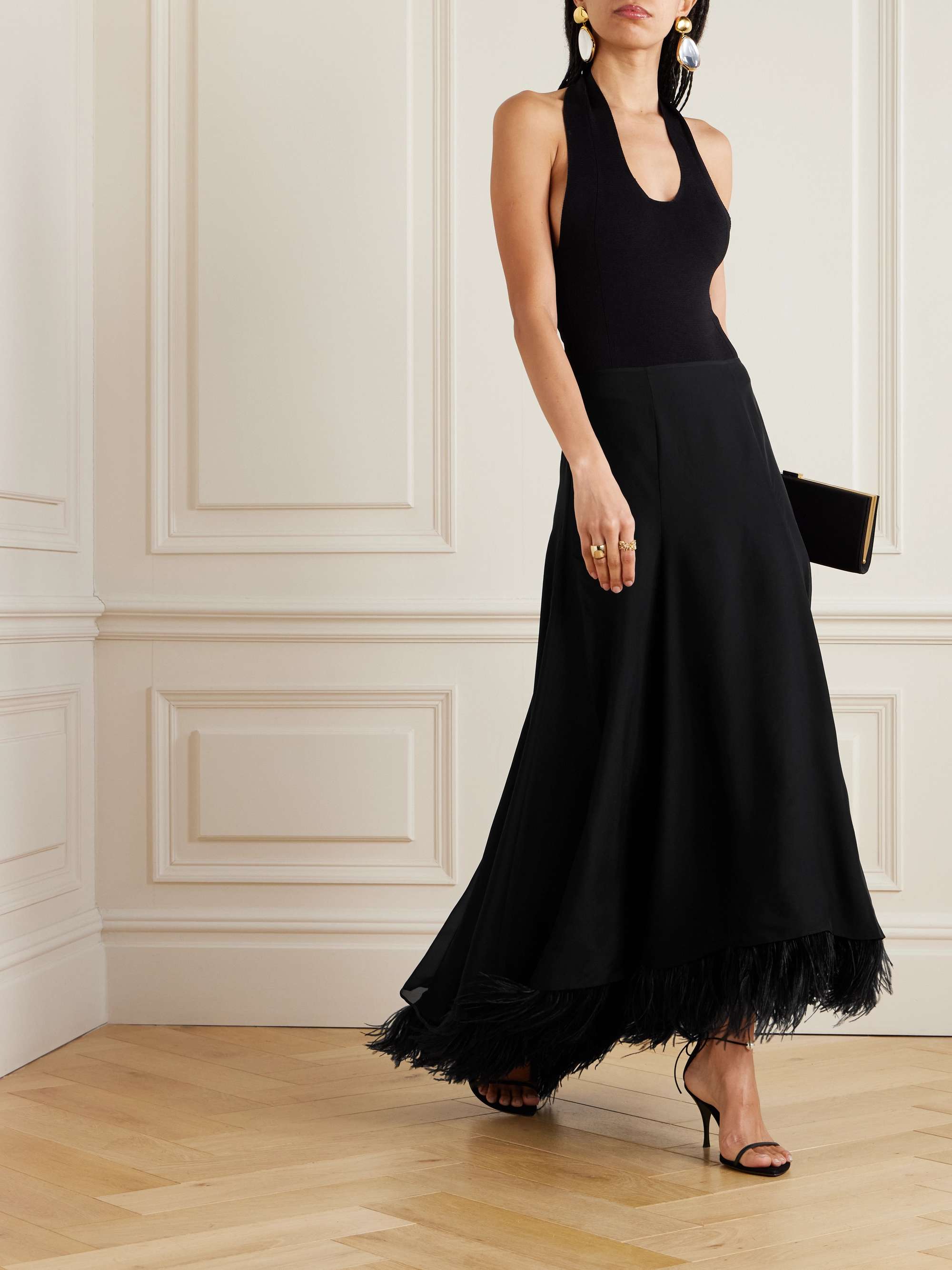 Renee feather-trimmed silk maxi skirt view