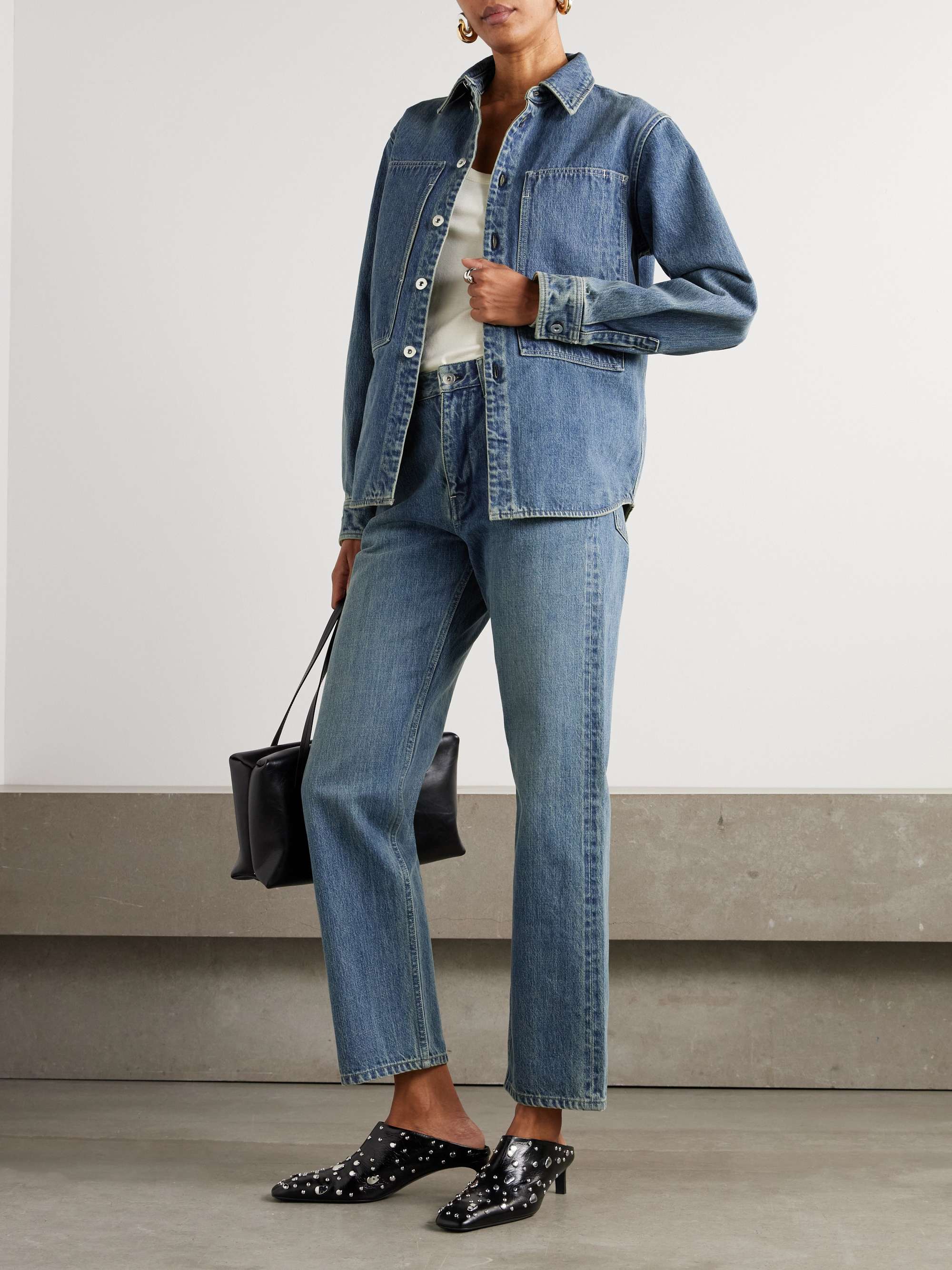 Leather-trimmed paneled denim shirt view