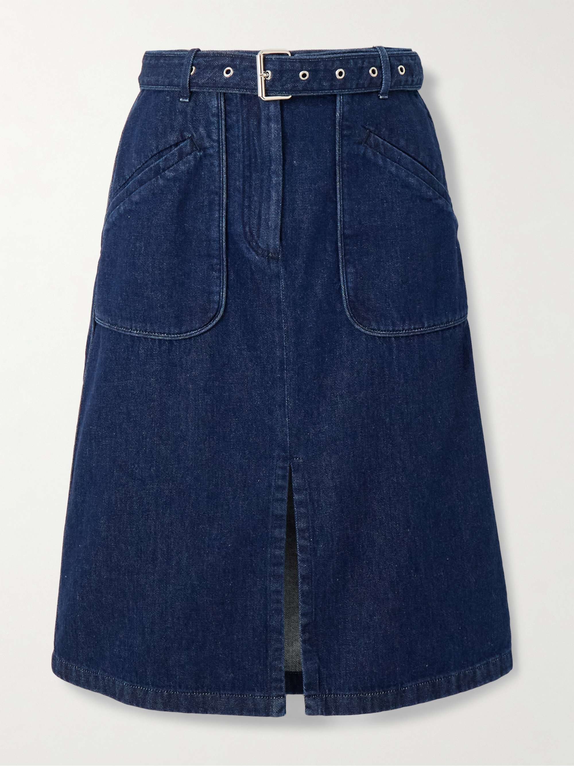 Belted denim midi skirt view