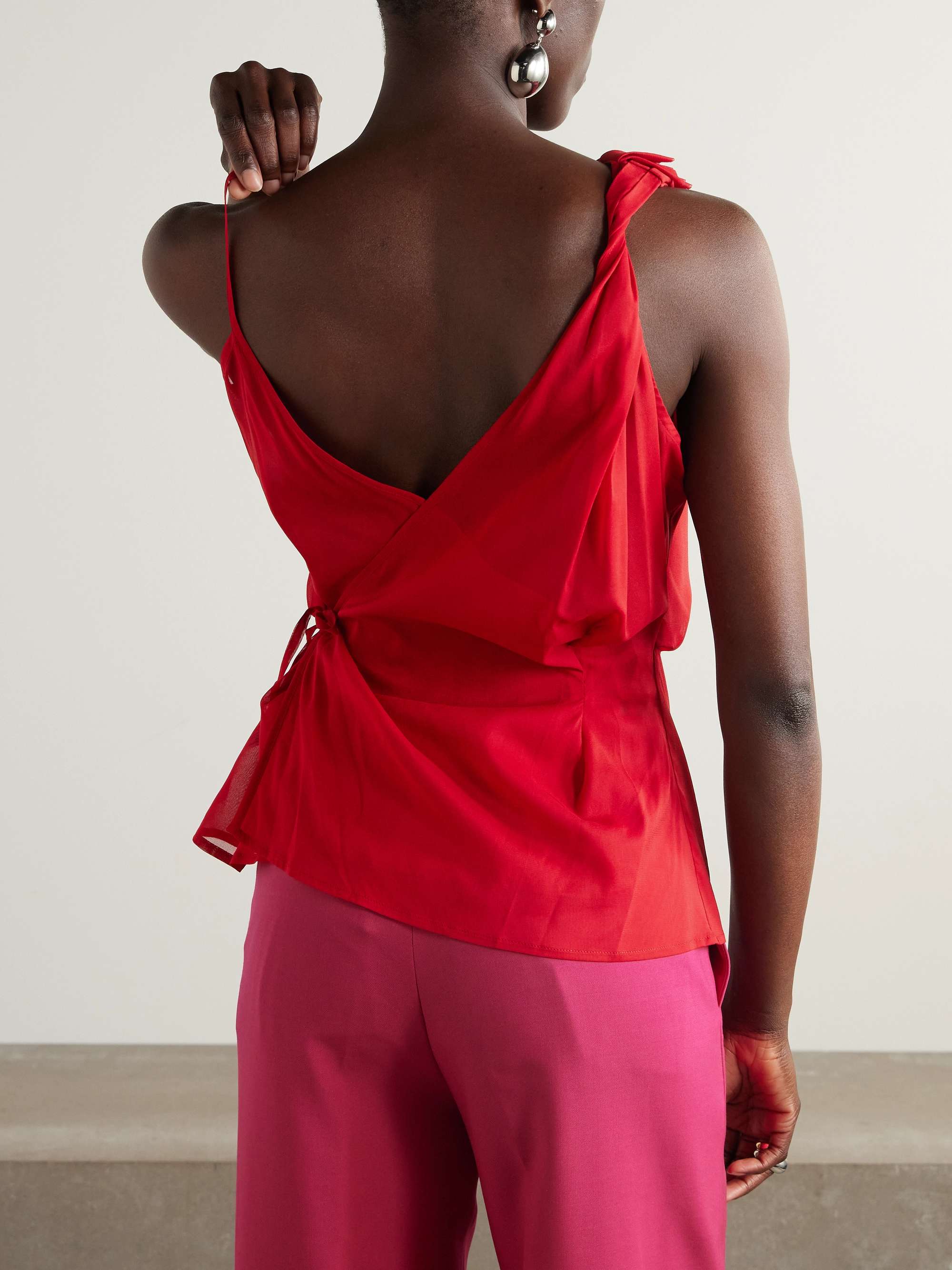 Asymmetric ruffled silk-blend wrap top view