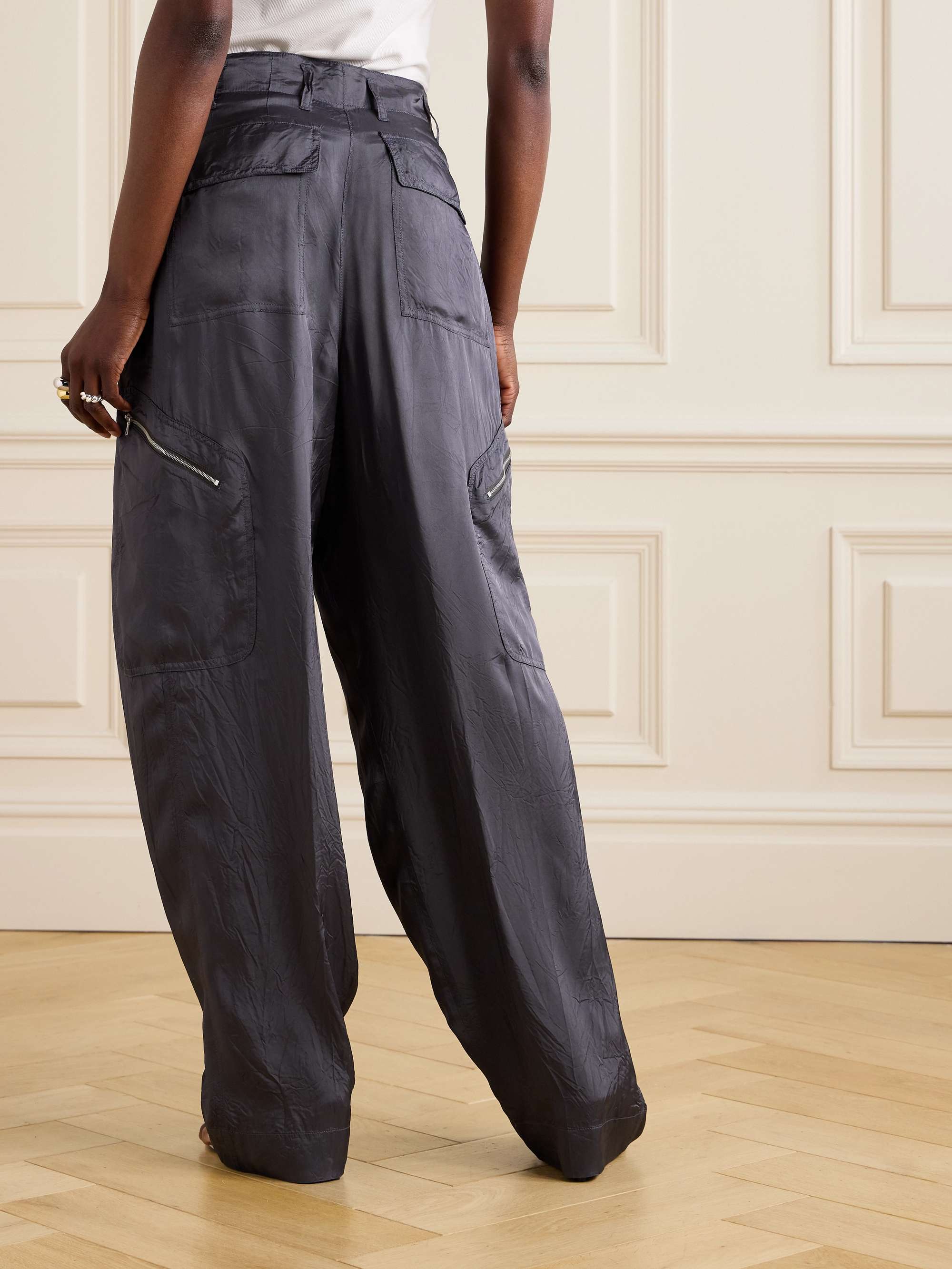 Pleated crinkled satin-twill wide-leg cargo pants view