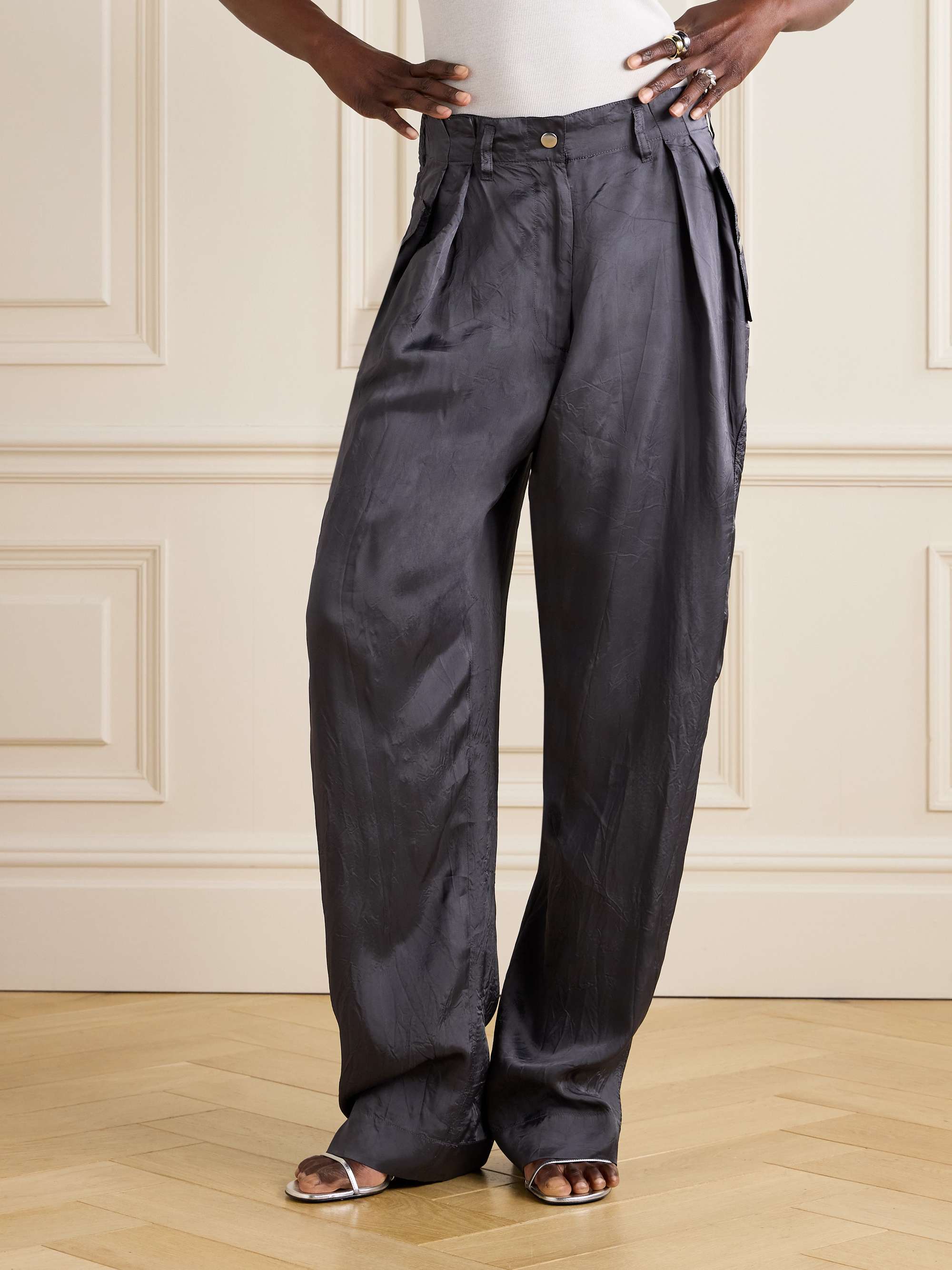 Pleated crinkled satin-twill wide-leg cargo pants view