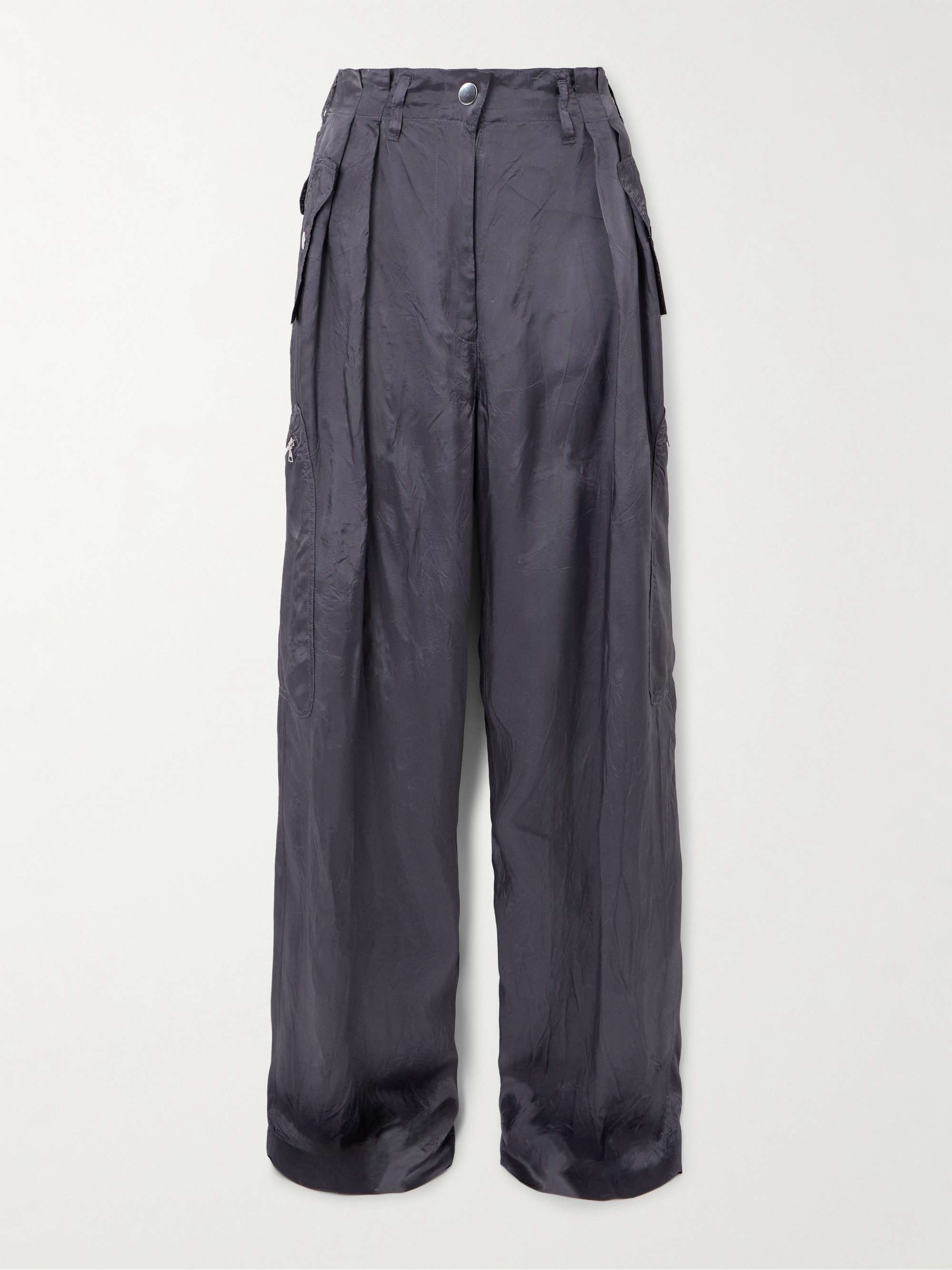 Pleated crinkled satin-twill wide-leg cargo pants view