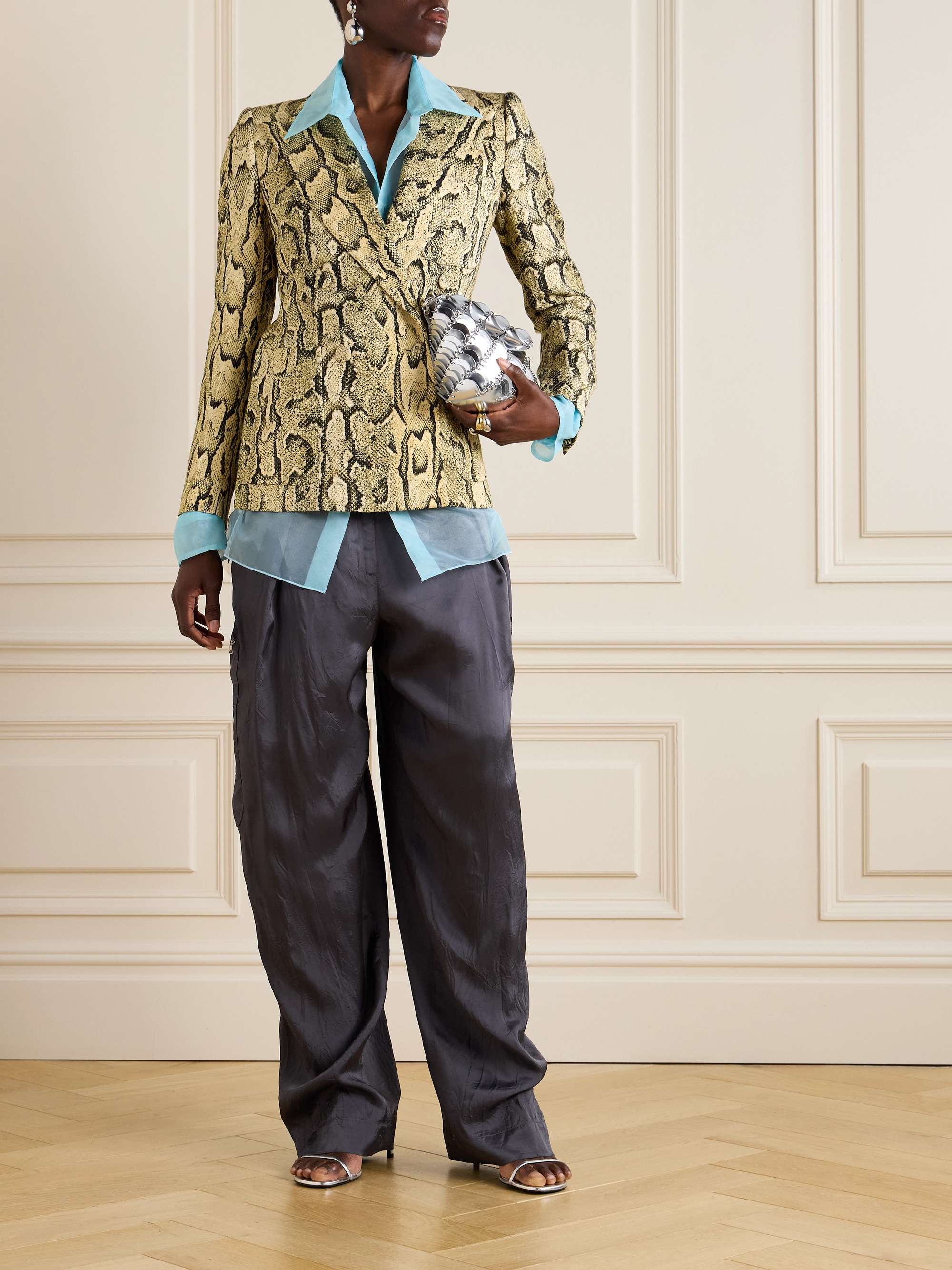 Pleated crinkled satin-twill wide-leg cargo pants view