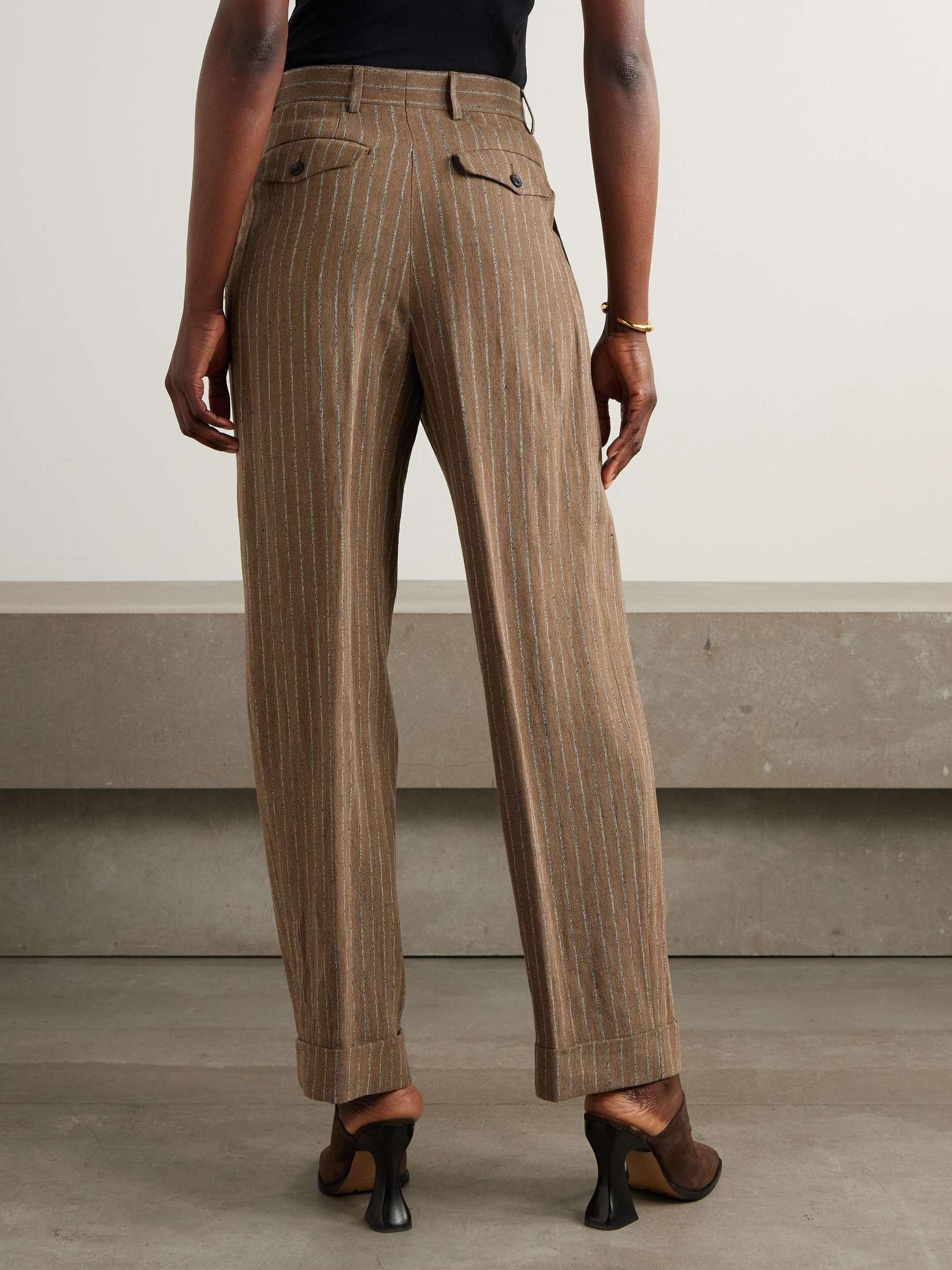 Pleated striped linen-blend straight-leg pants view