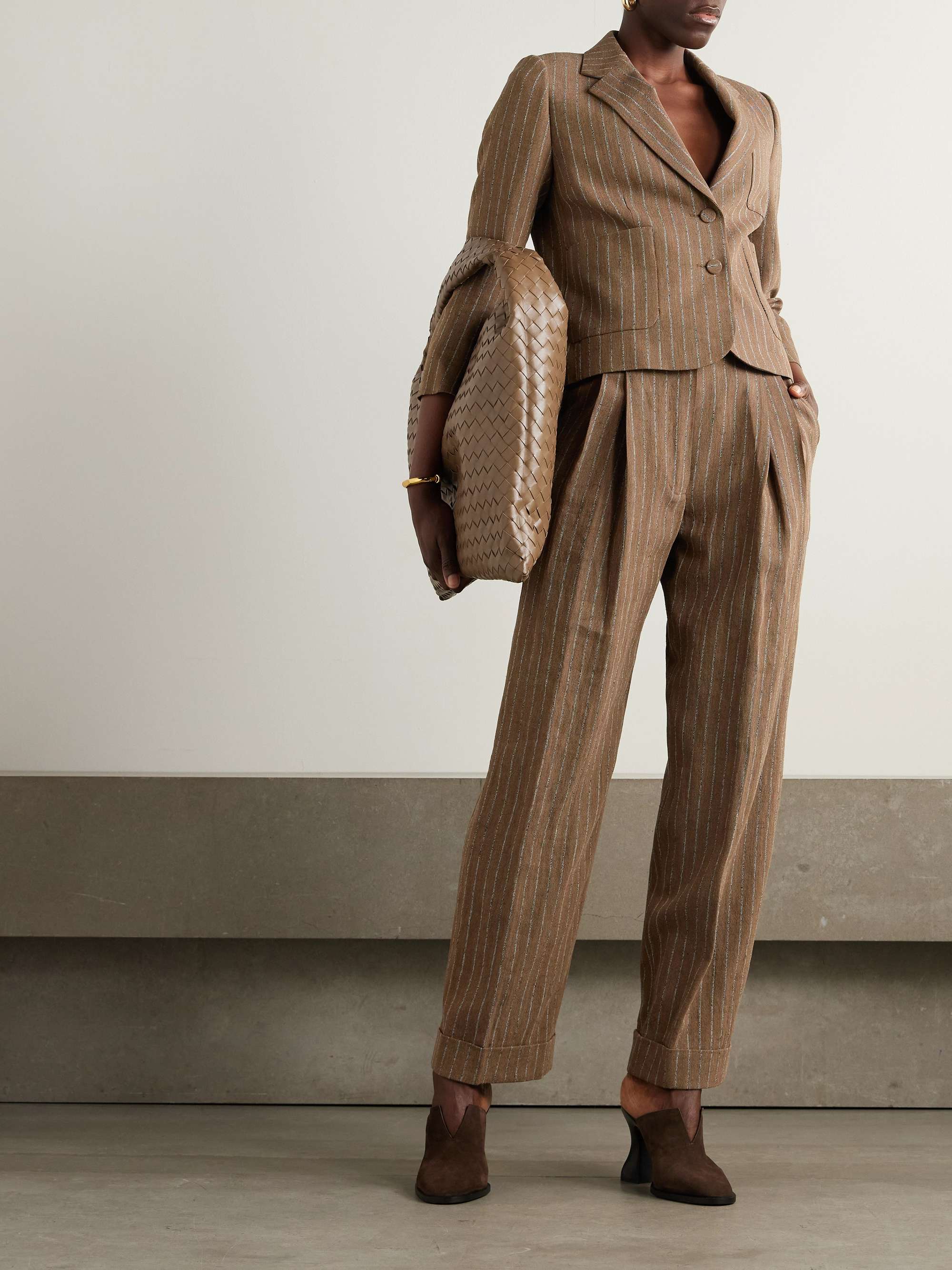 Pleated striped linen-blend straight-leg pants view
