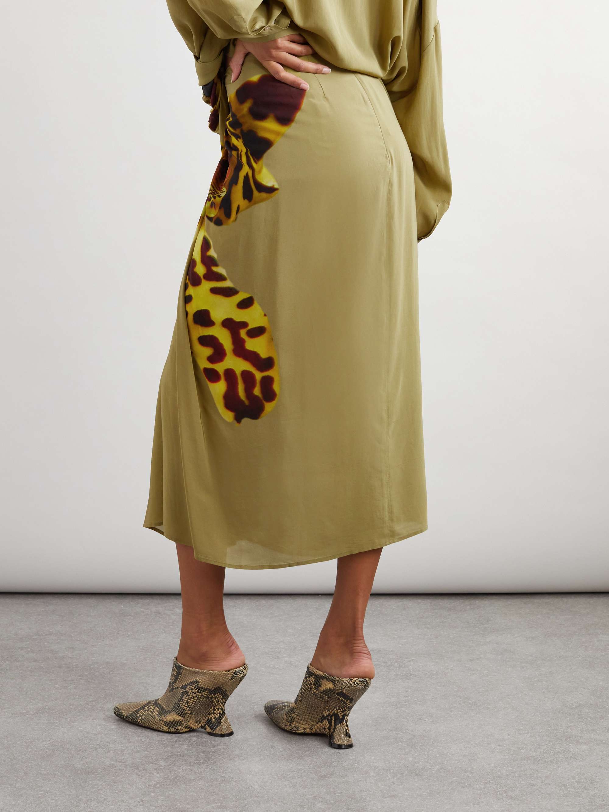 Gathered printed wrap-effect satin midi skirt view