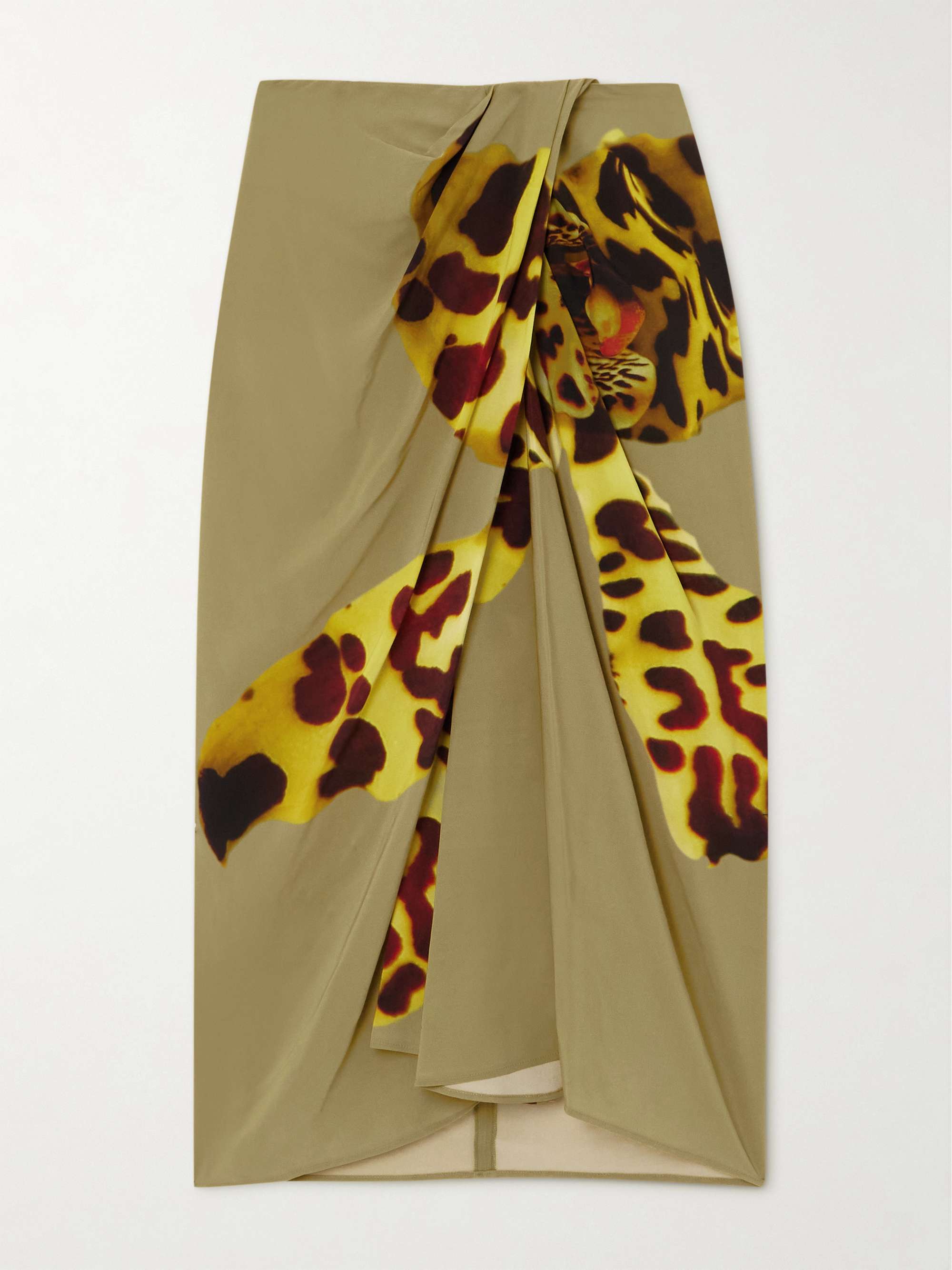 Gathered printed wrap-effect satin midi skirt view