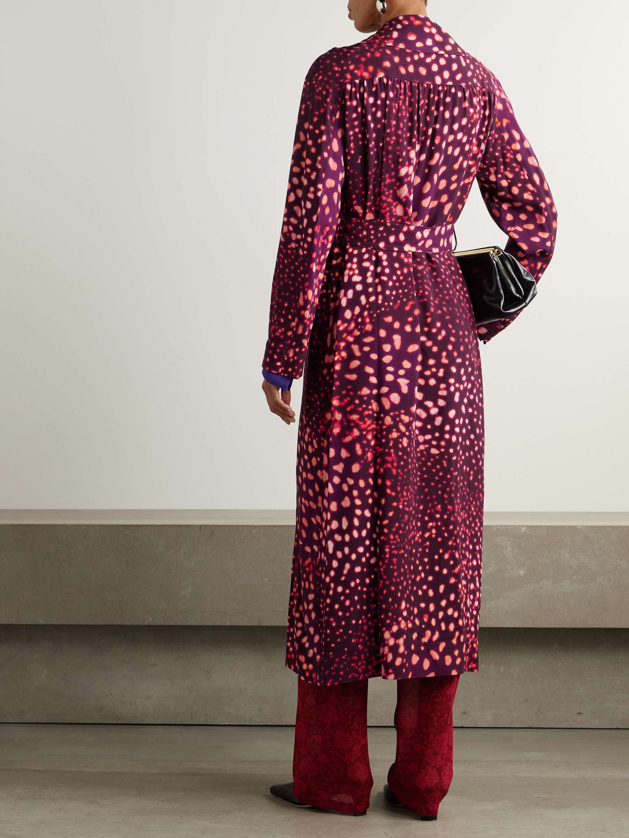 Double-breasted belted printed crepe trench coat view