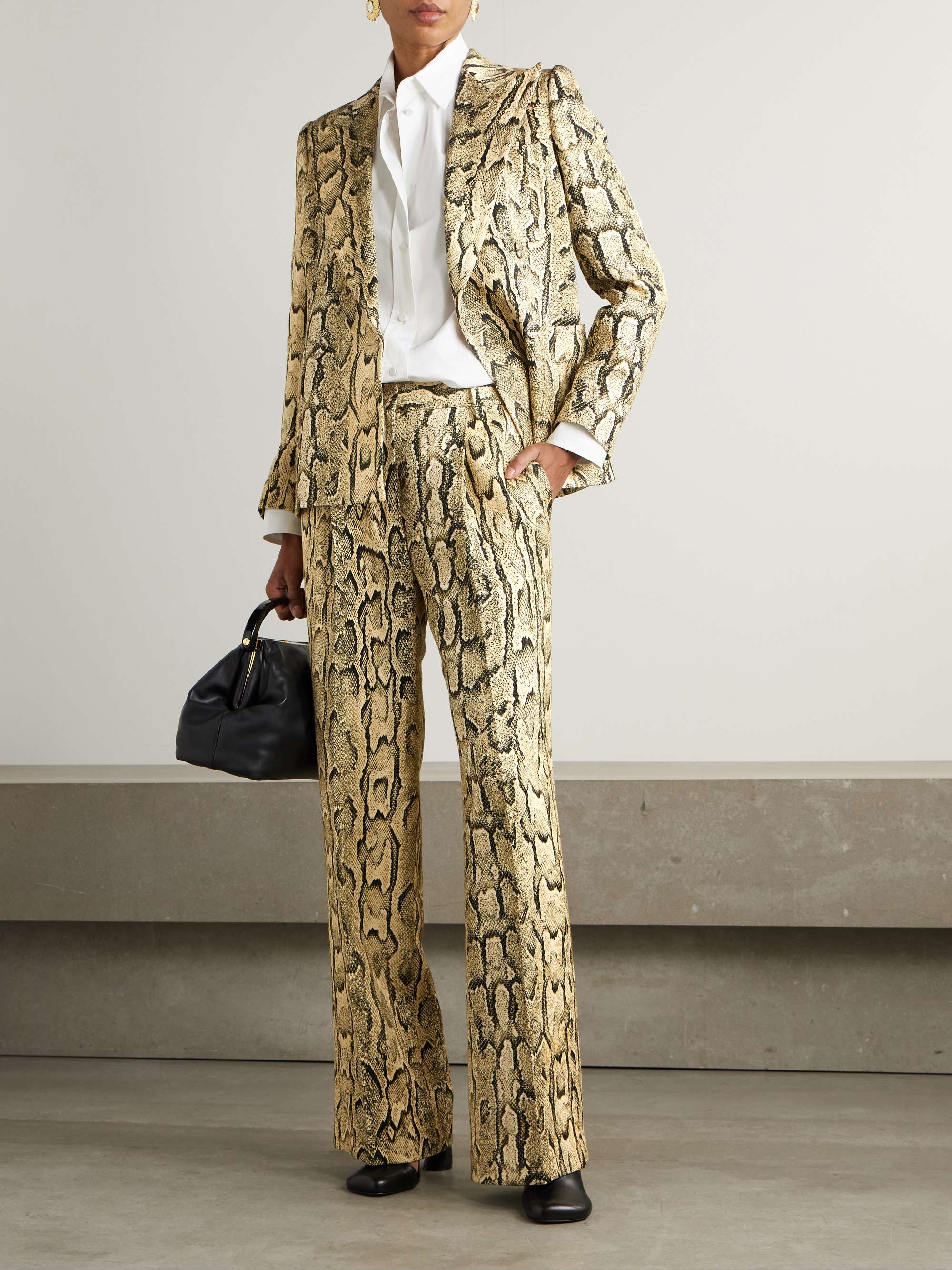 Pleated snake-print woven straight-leg pants view