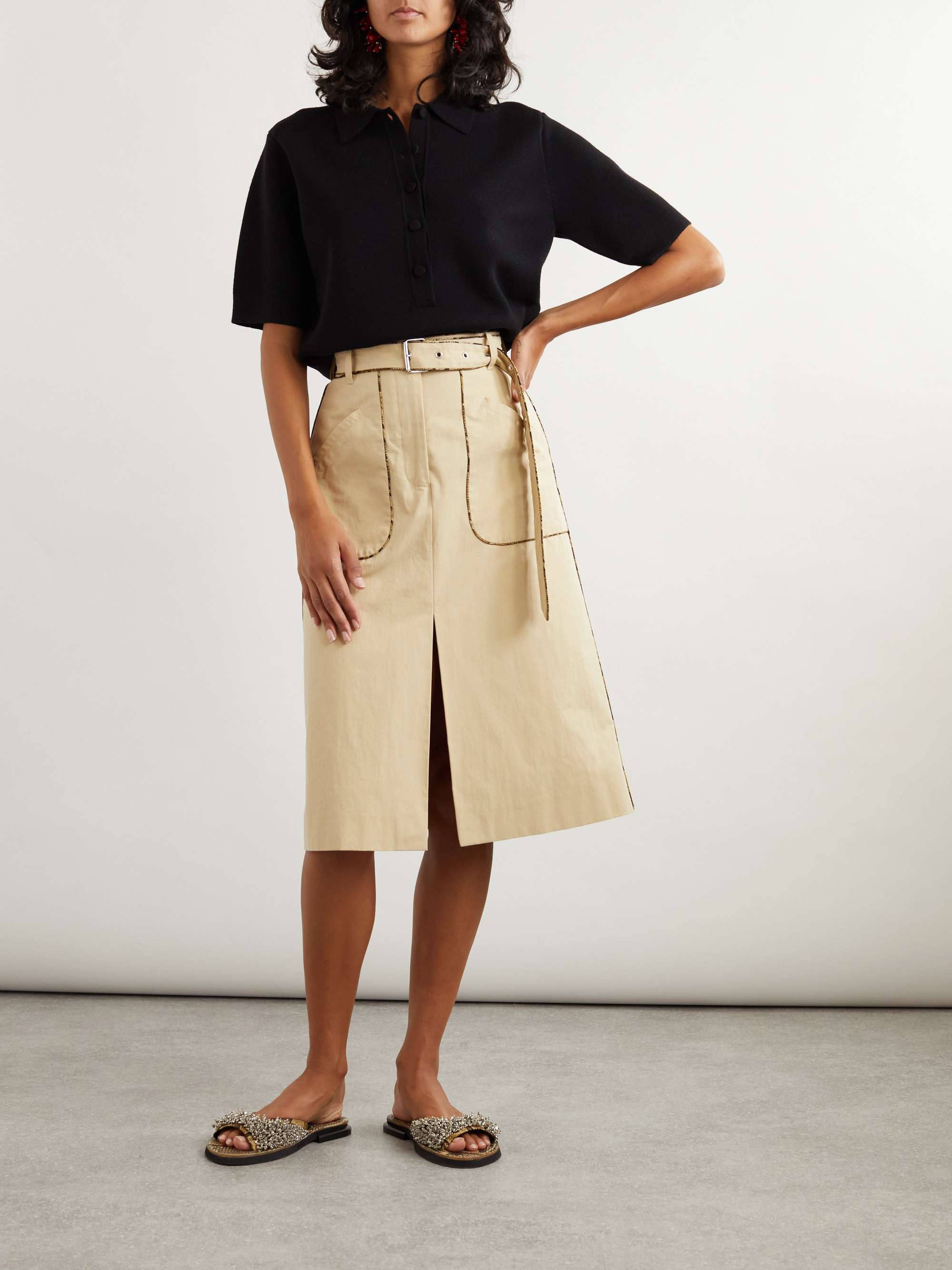 Belted cotton-canvas midi skirt view