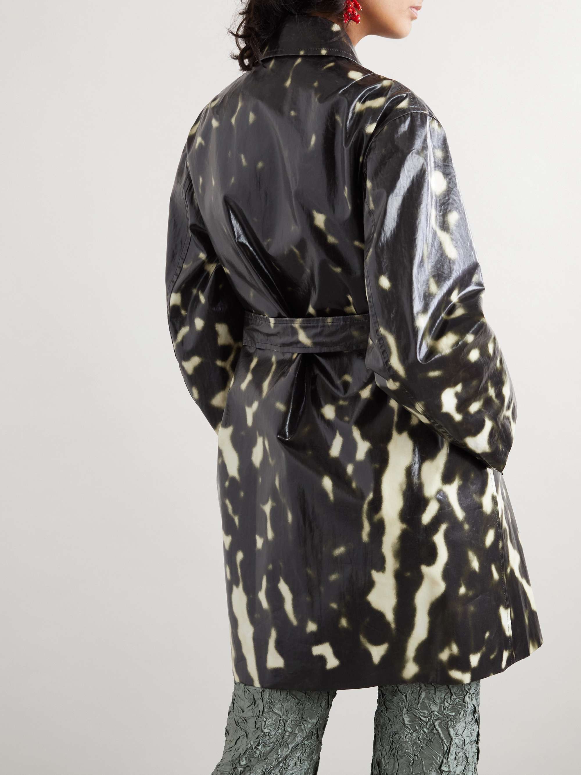 Belted printed coated cotton-canvas trench coat view
