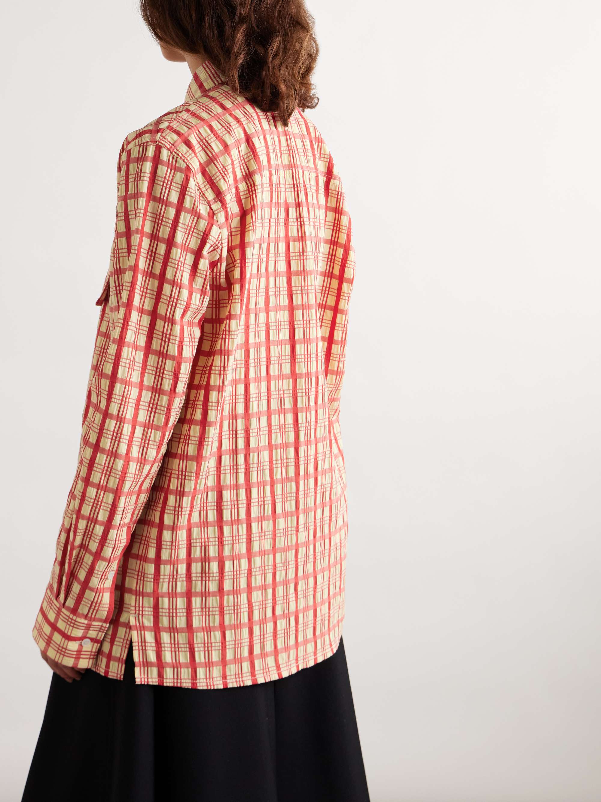 Draped checked cotton-seersucker blouse view