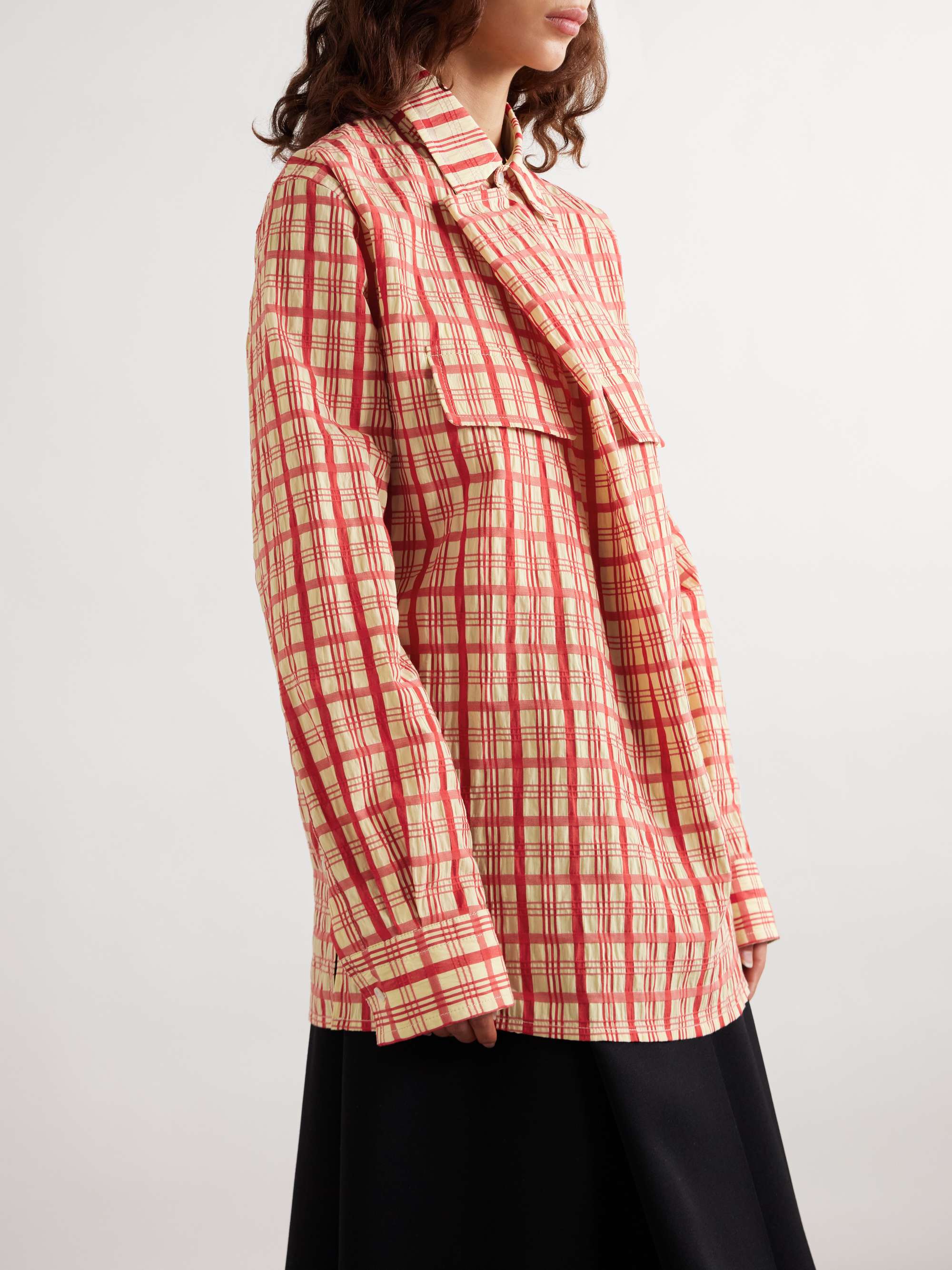 Draped checked cotton-seersucker blouse view