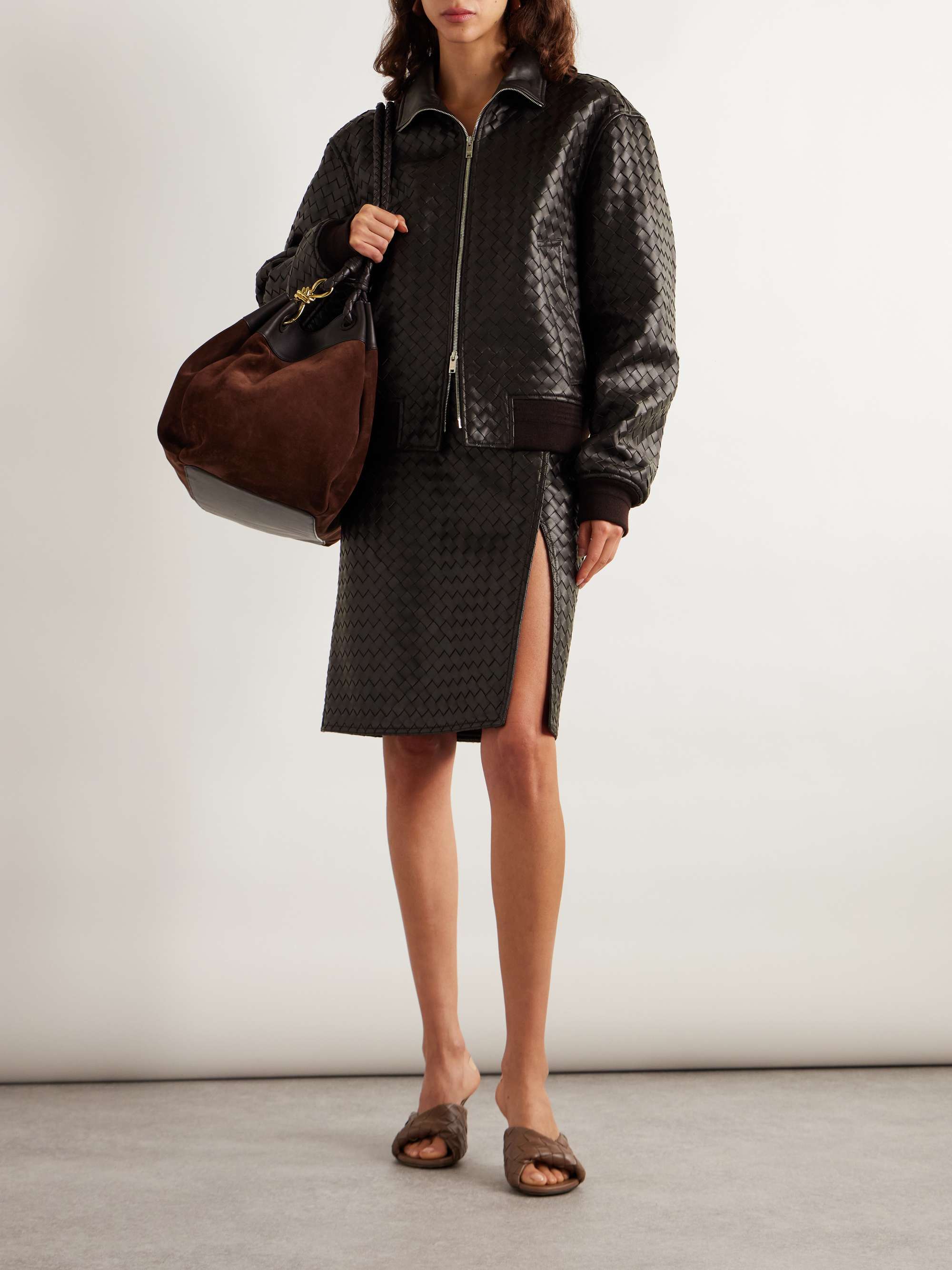 Intrecciato leather midi wrap skirt view