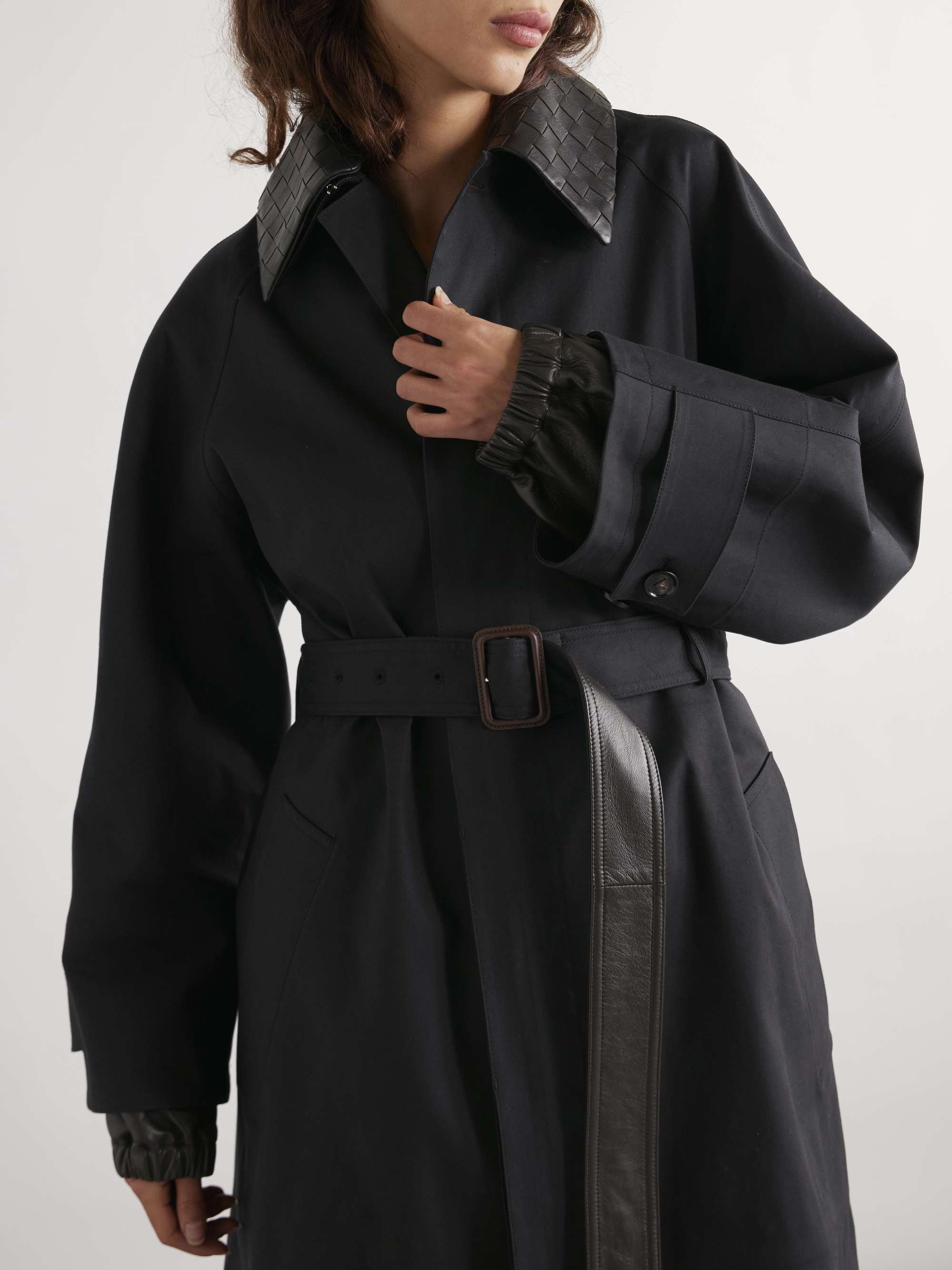 Belted intrecciato leather-trimmed cotton-blend gabardine trench coat view