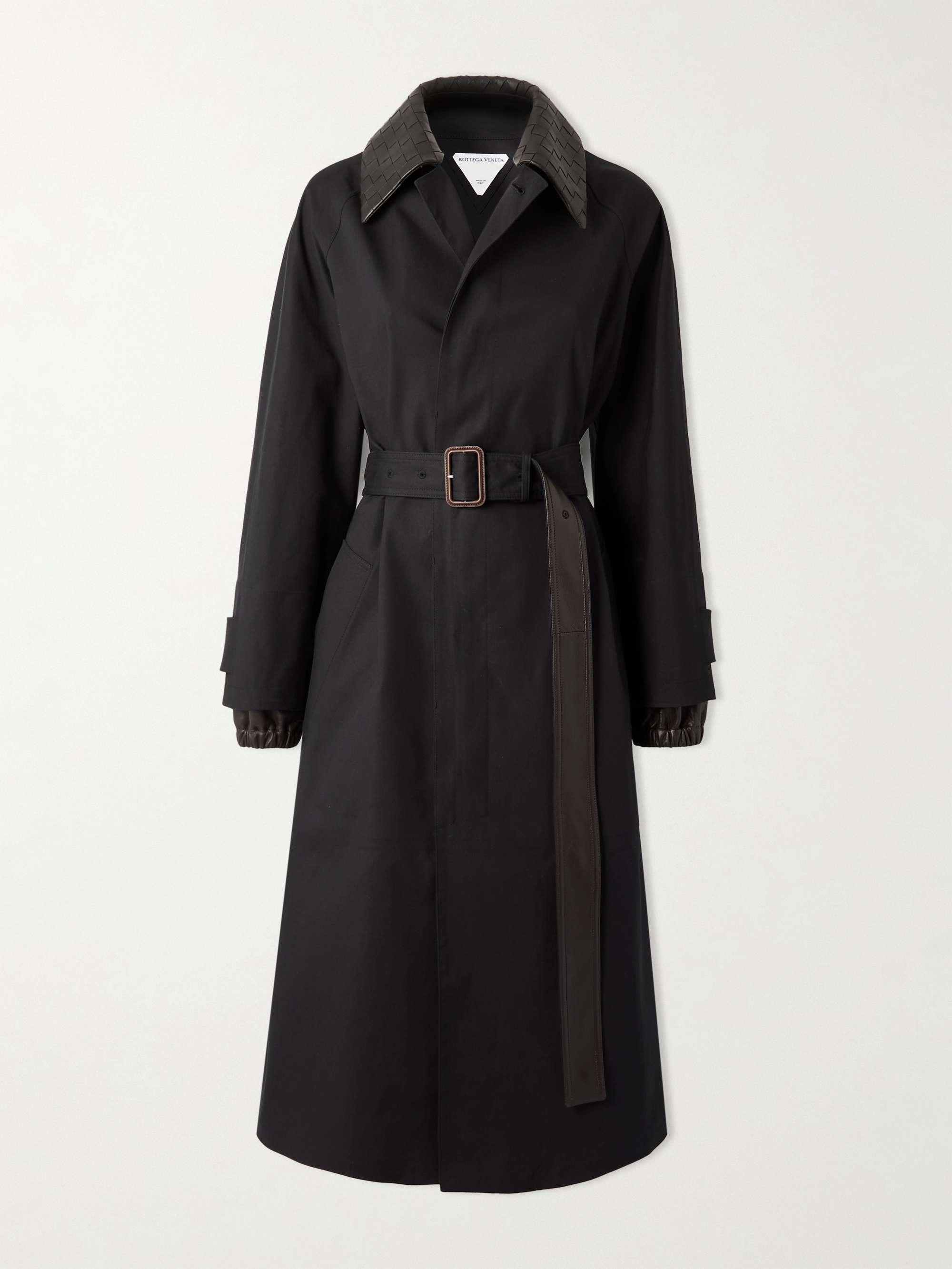 Belted intrecciato leather-trimmed cotton-blend gabardine trench coat view