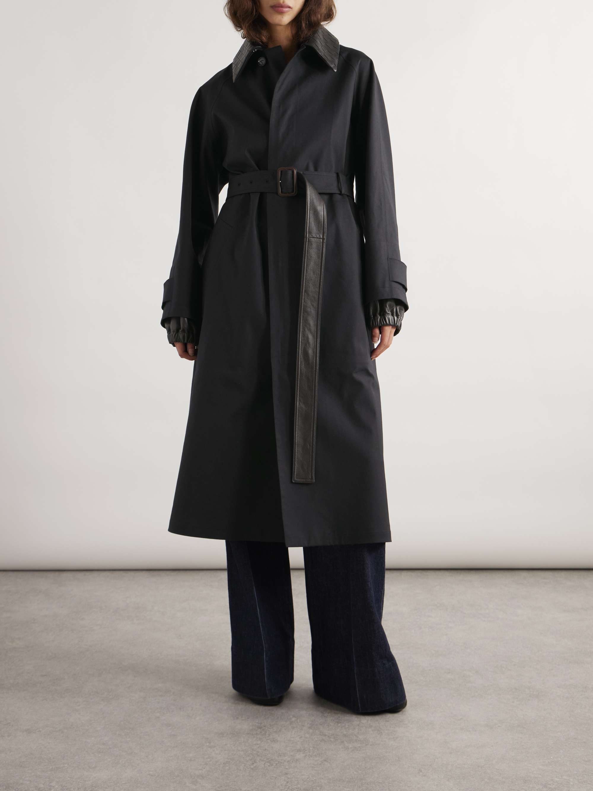 Belted intrecciato leather-trimmed cotton-blend gabardine trench coat view