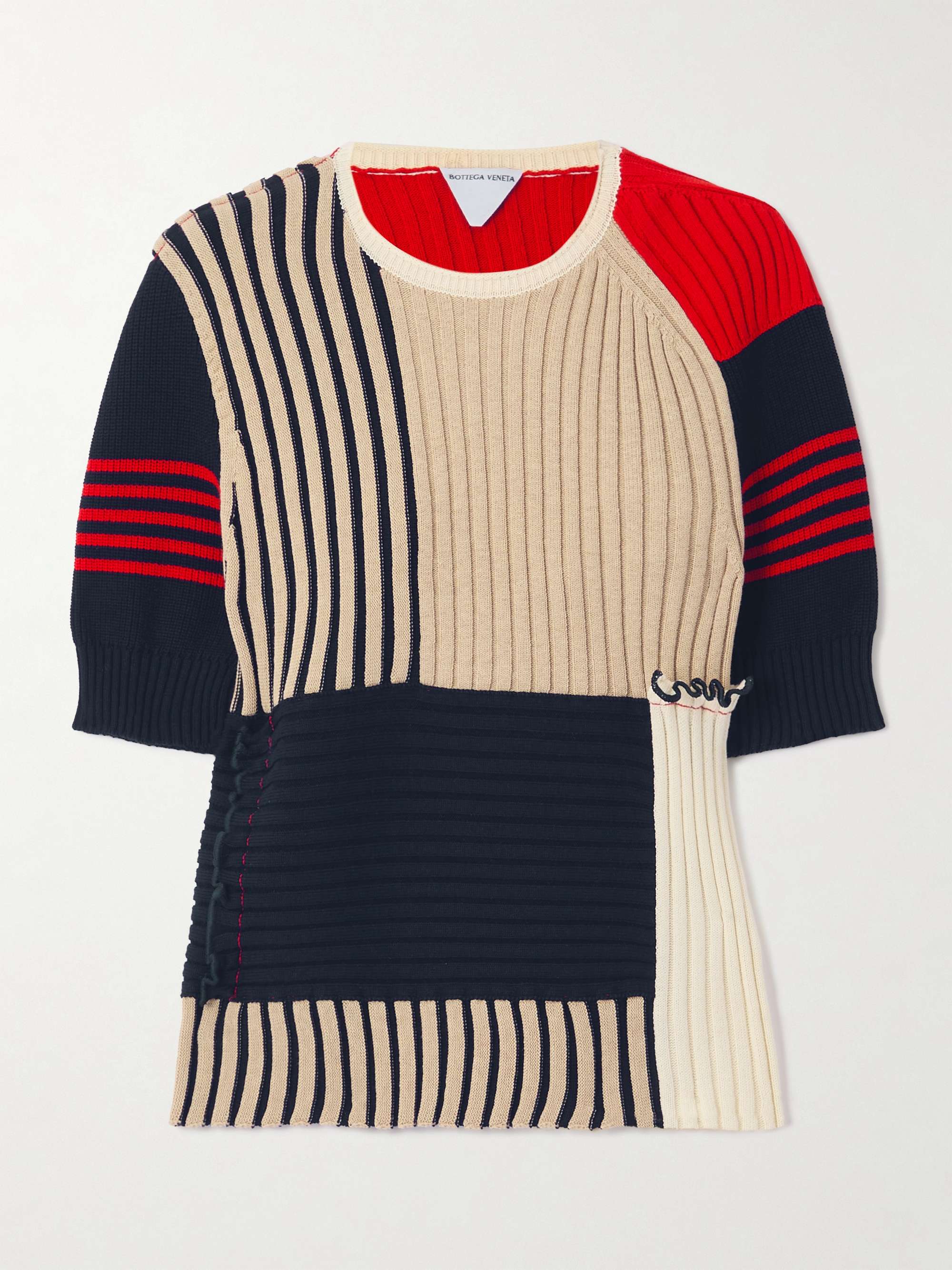Patchwork ruffled striped ribbed cotton sweater view