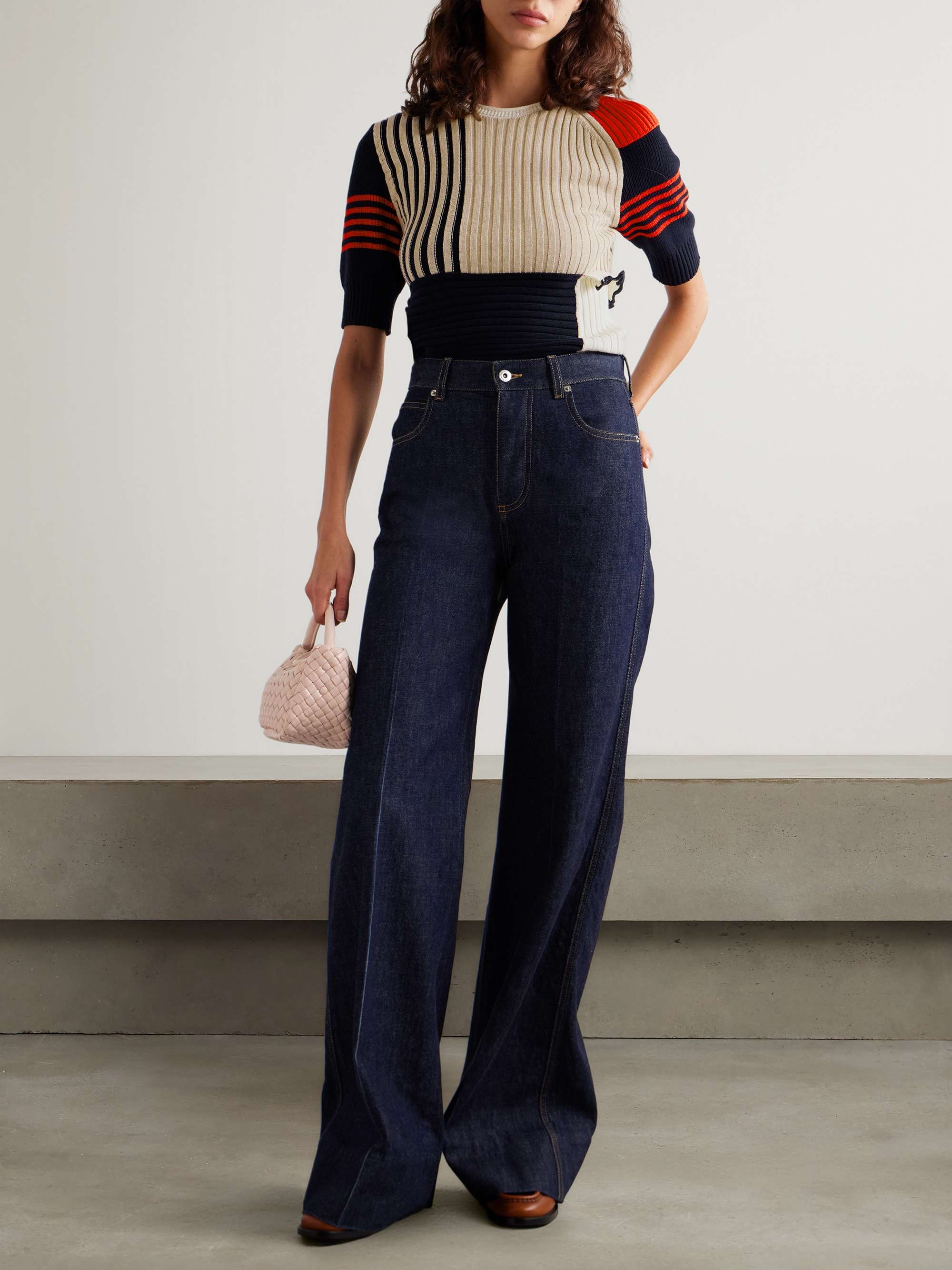 Patchwork ruffled striped ribbed cotton sweater view