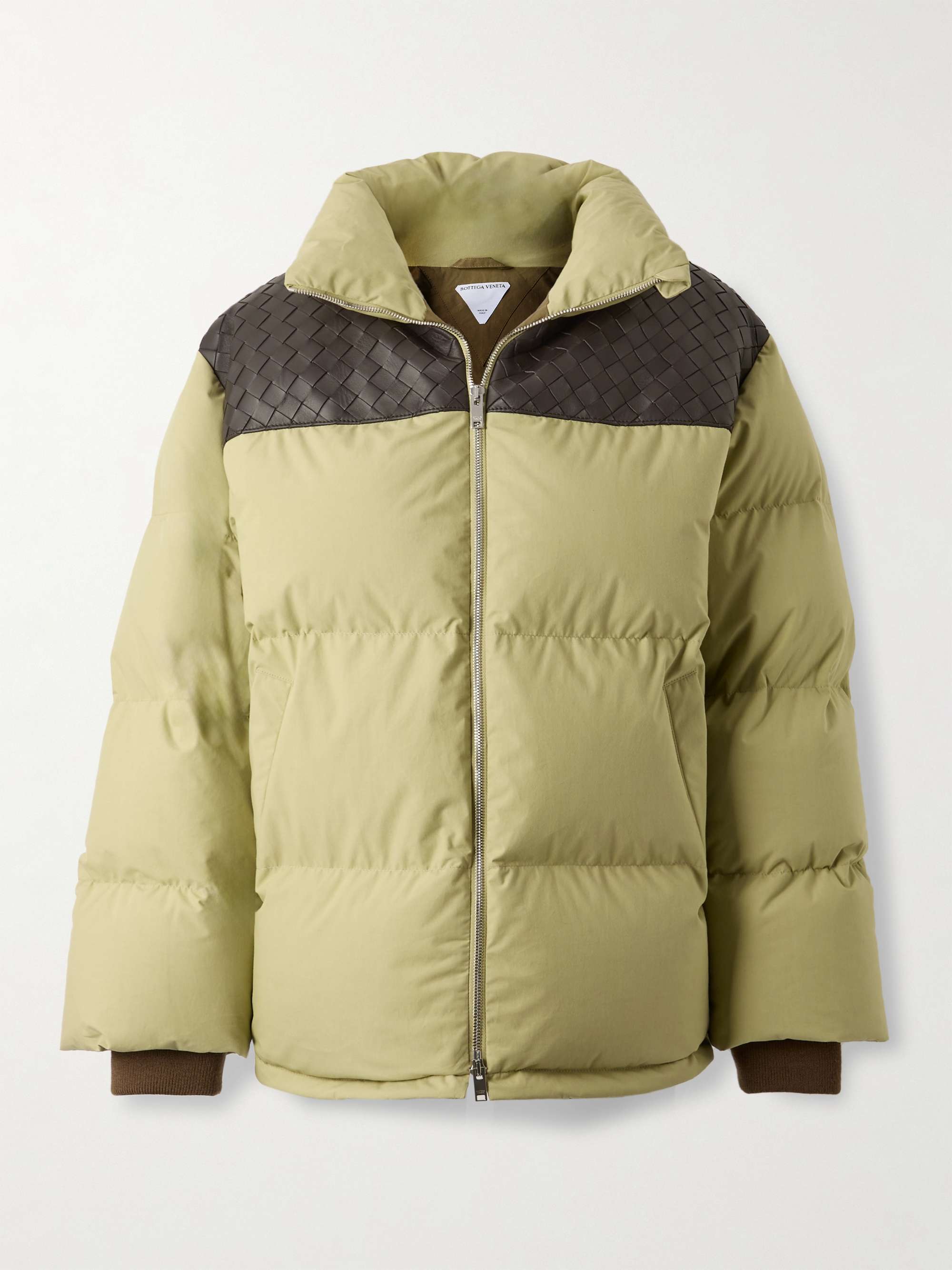 Quilted intrecciato leather-trimmed padded cotton-shell down jacket view
