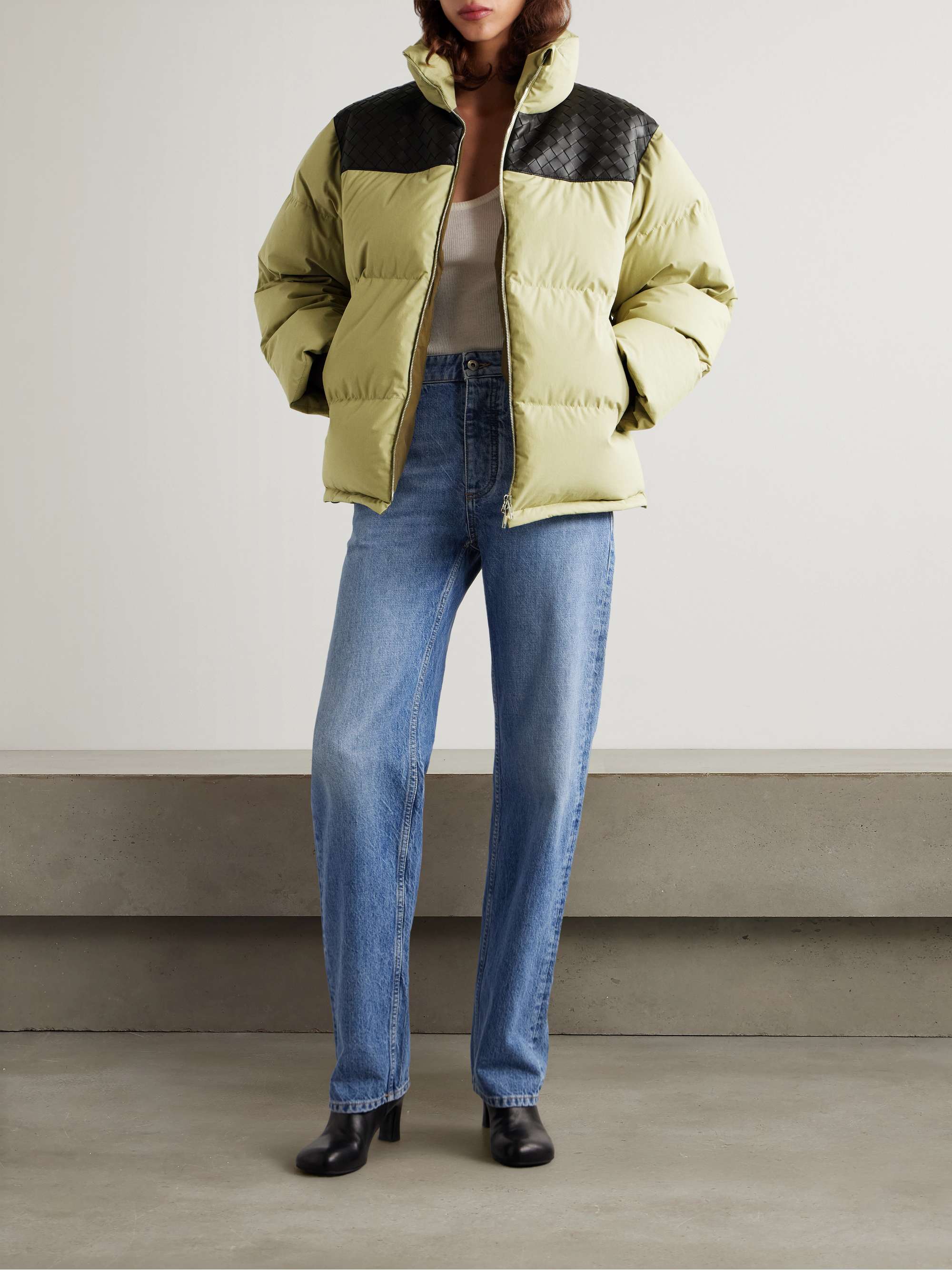 Quilted intrecciato leather-trimmed padded cotton-shell down jacket view