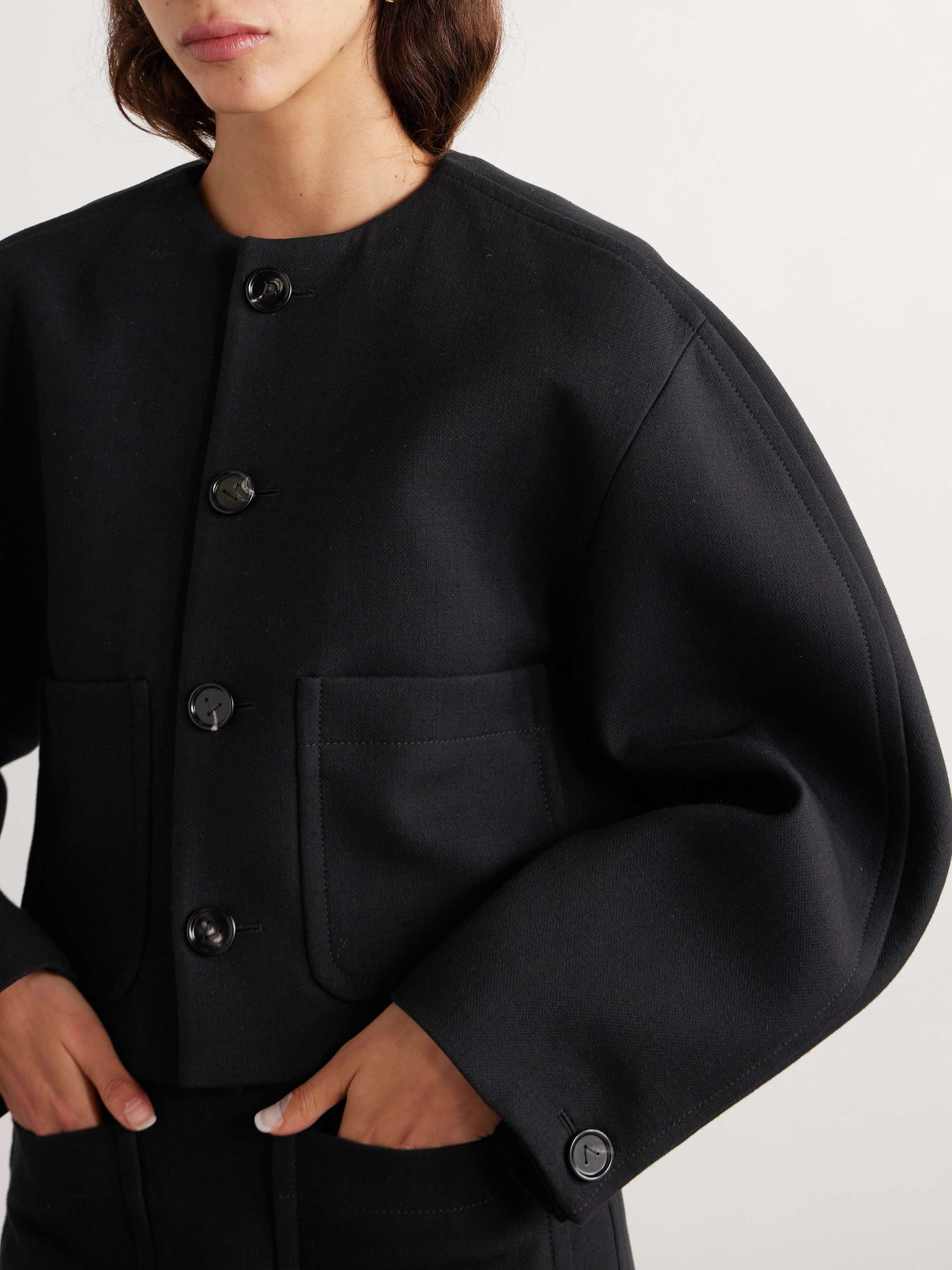 Convertible intrecciato leather-trimmed cotton-blend jacket view