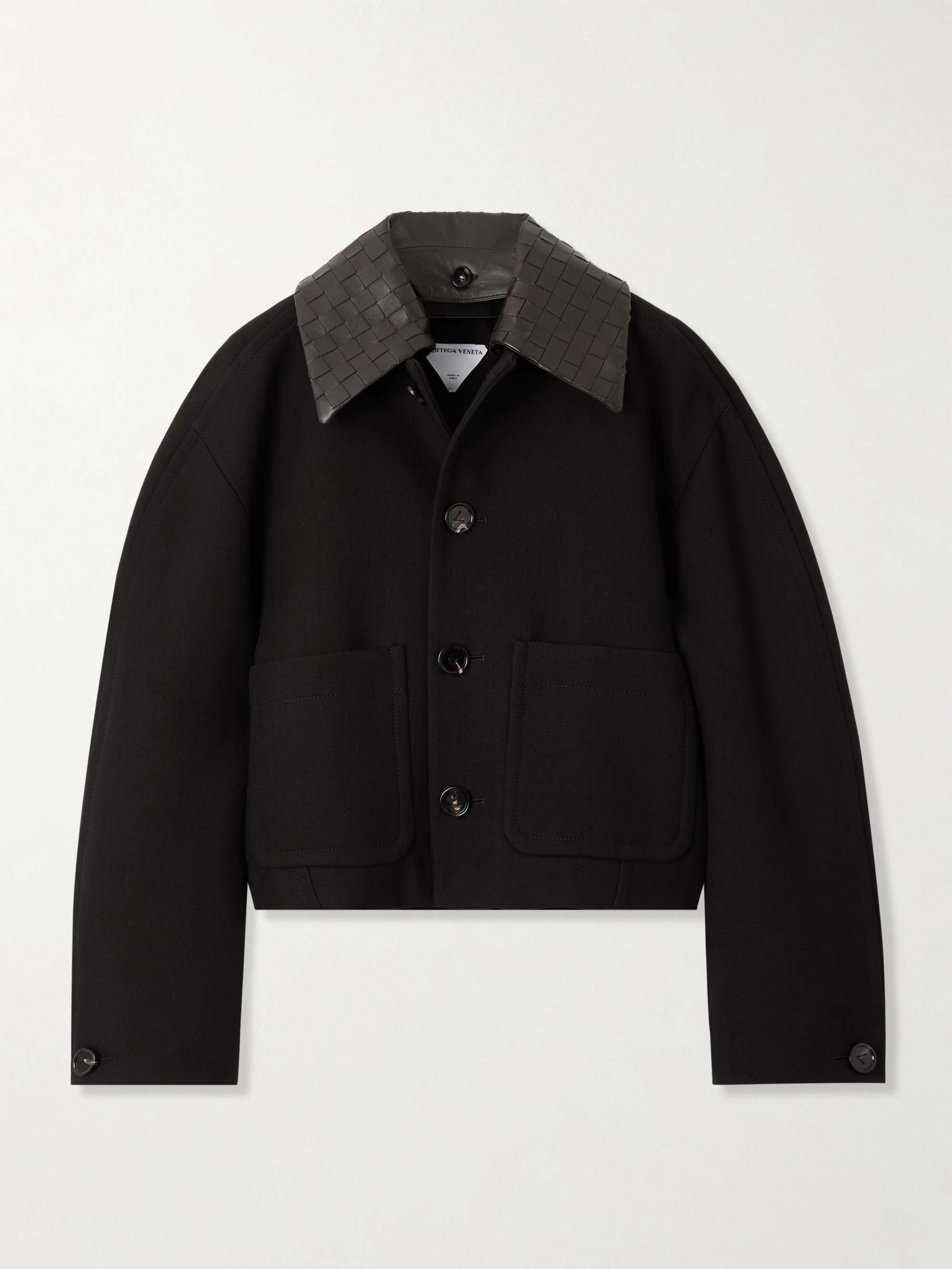 Convertible intrecciato leather-trimmed cotton-blend jacket view