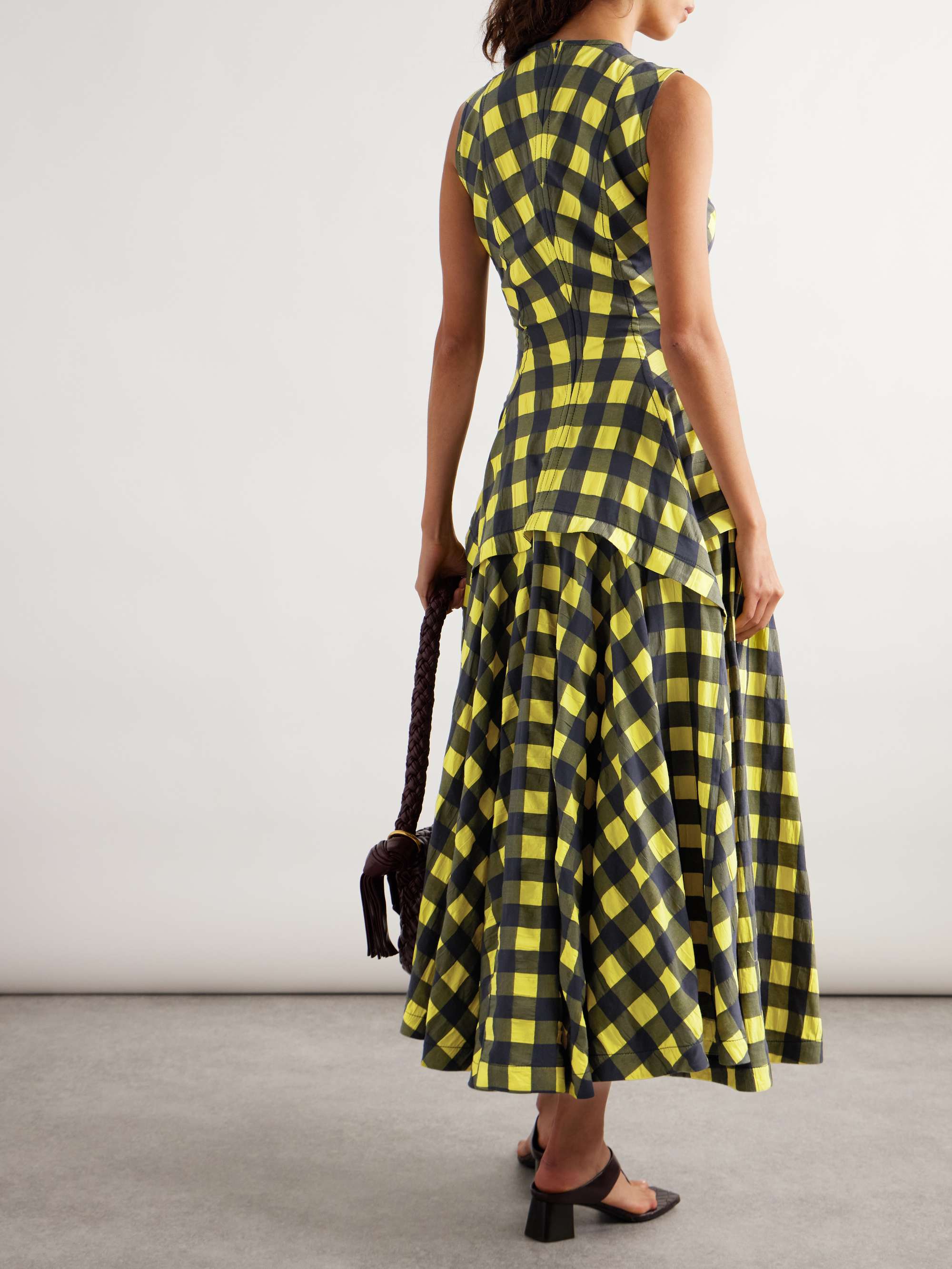 Pleated paneled checked cotton midi dress view