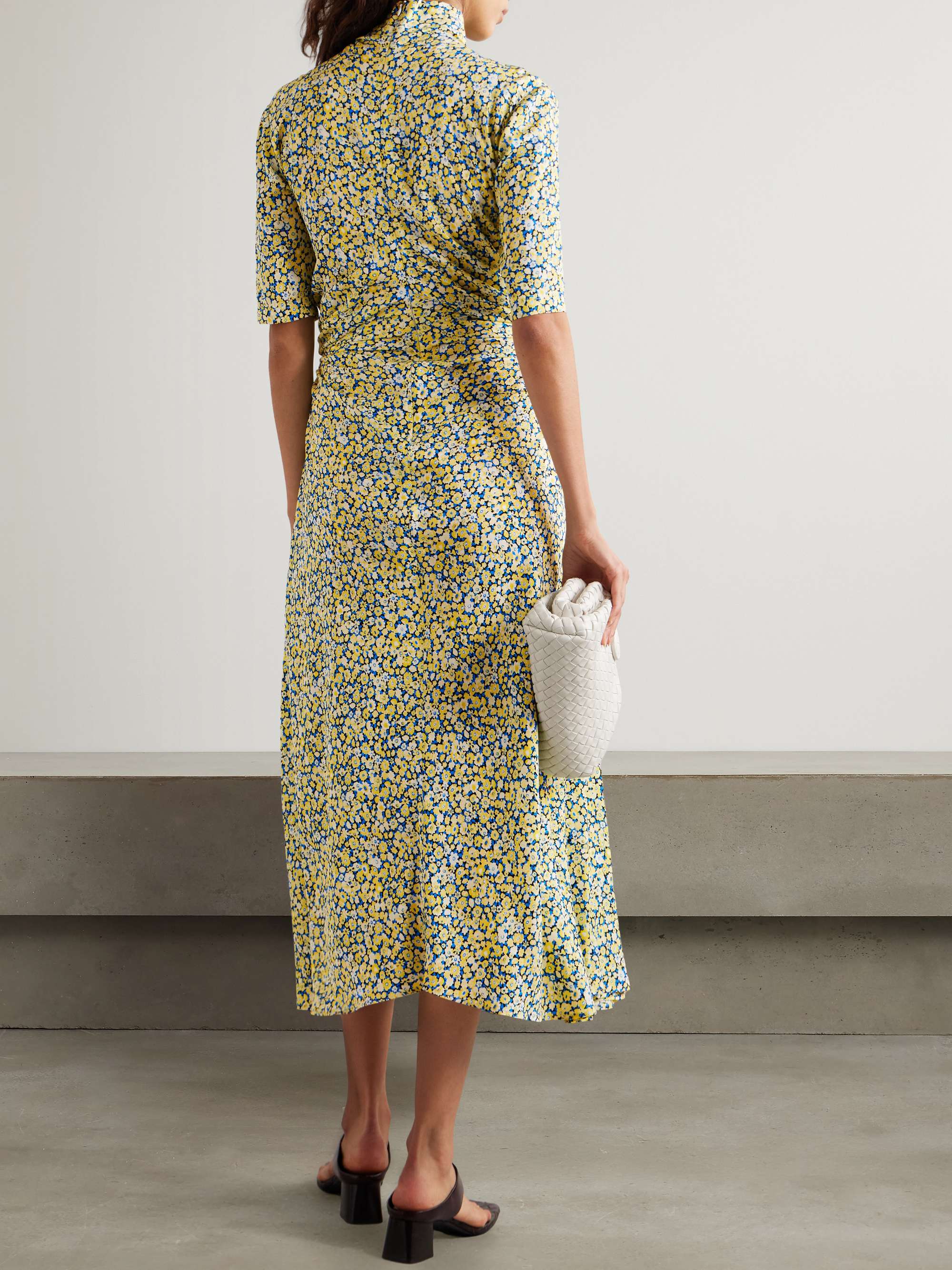 Embellished gathered pleated floral-print crepe turtleneck midi dress view