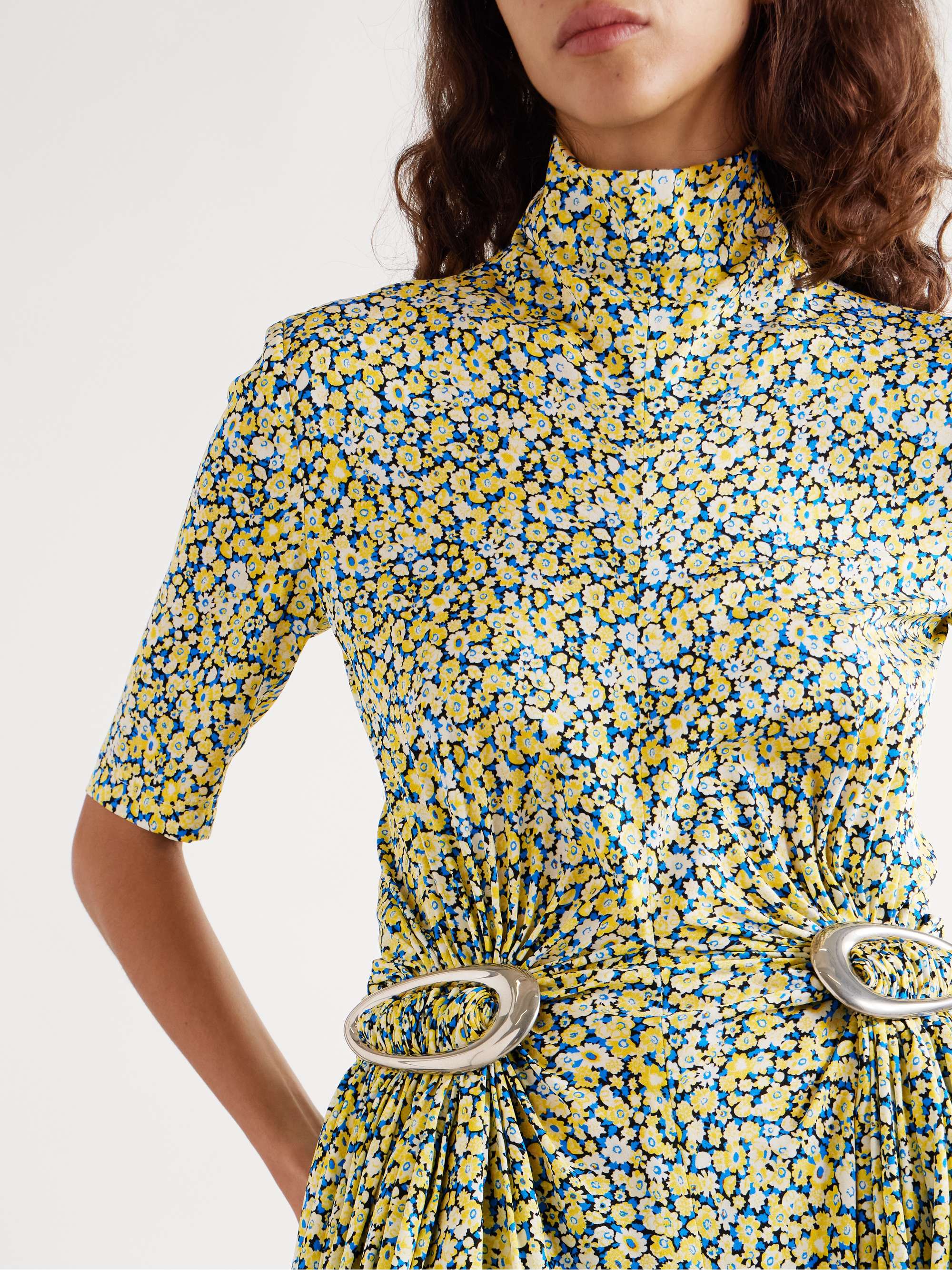 Embellished gathered pleated floral-print crepe turtleneck midi dress view