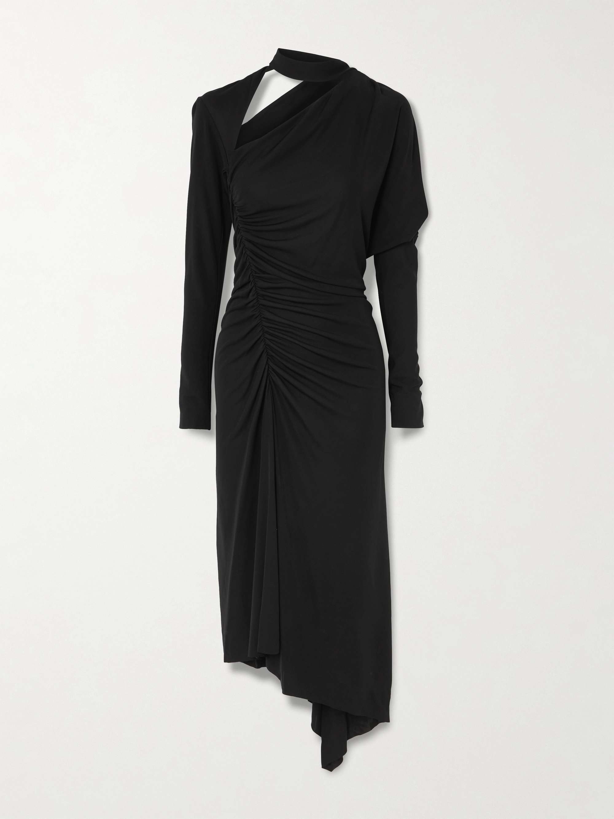 Asymmetric cutout ruched stretch-jersey midi dress view