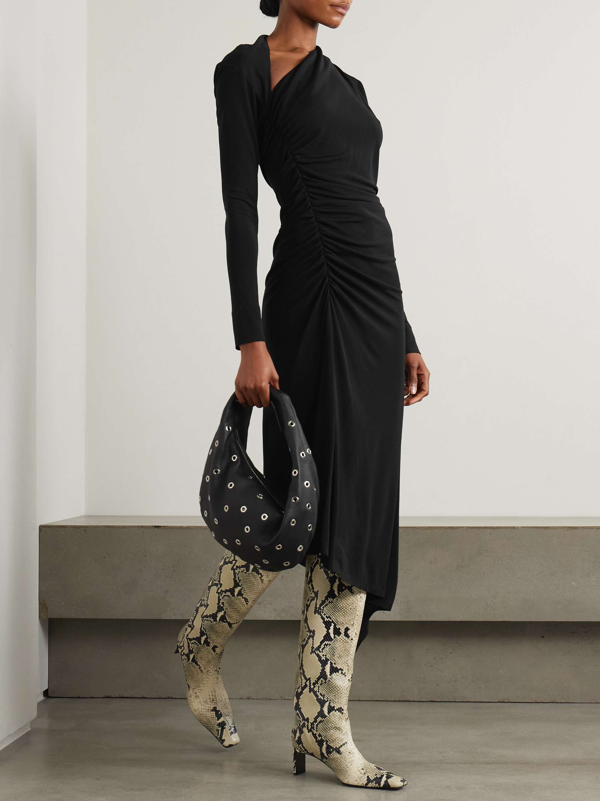 Asymmetric cutout ruched stretch-jersey midi dress view