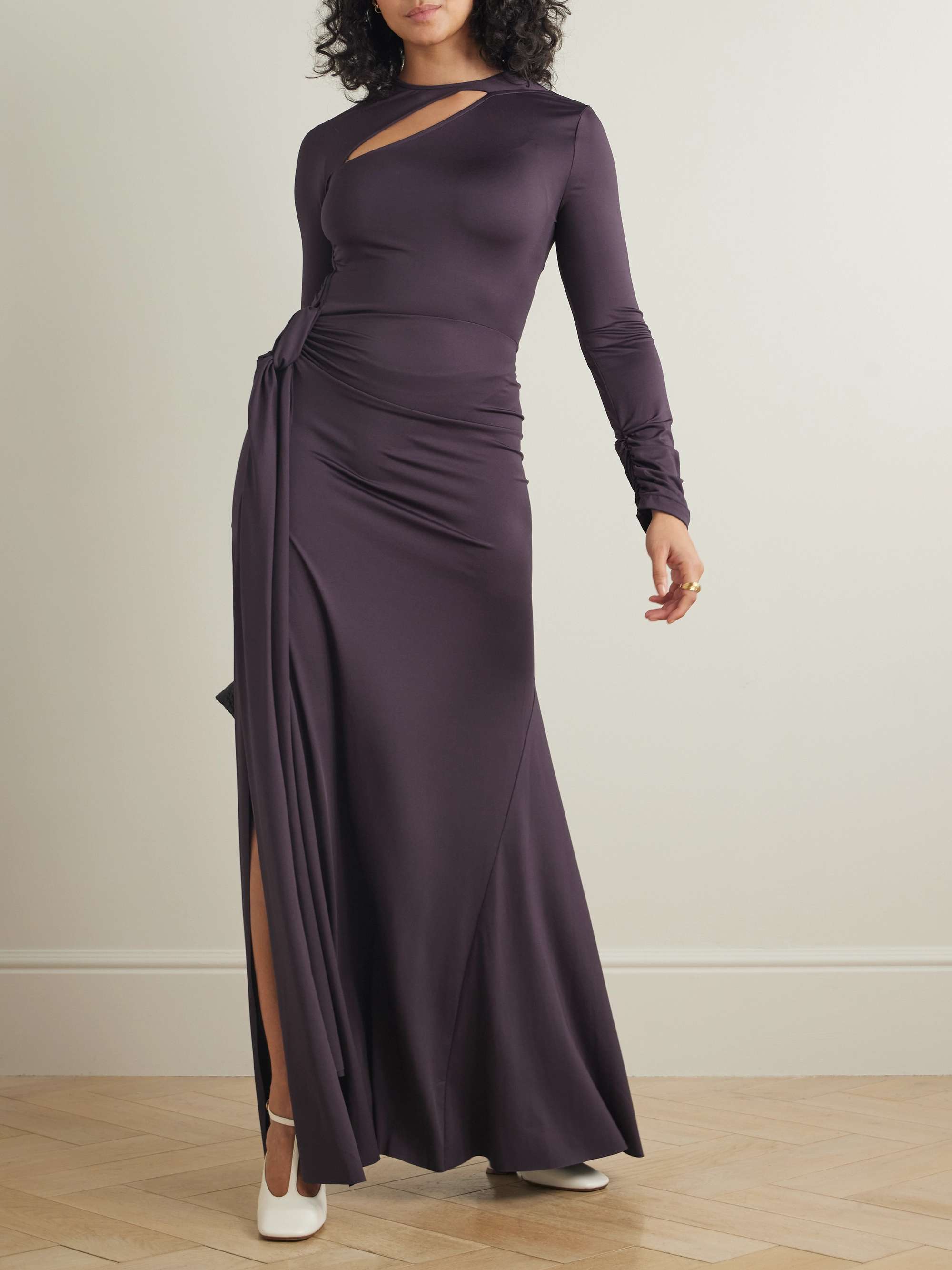 Tie-detailed gathered cut-out stretch-jersey gown view