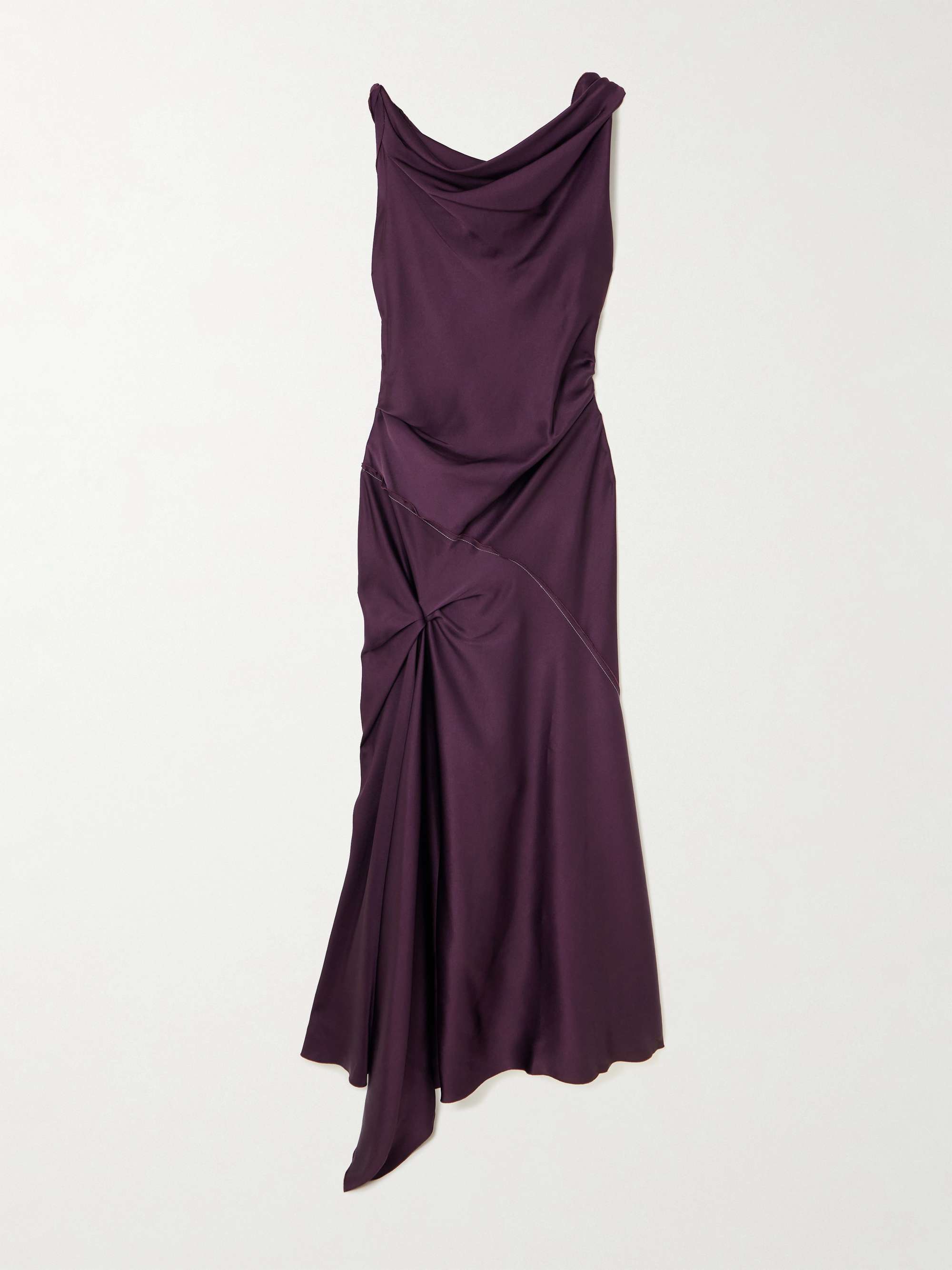 Asymmetric paneled draped gathered satin midi dress view