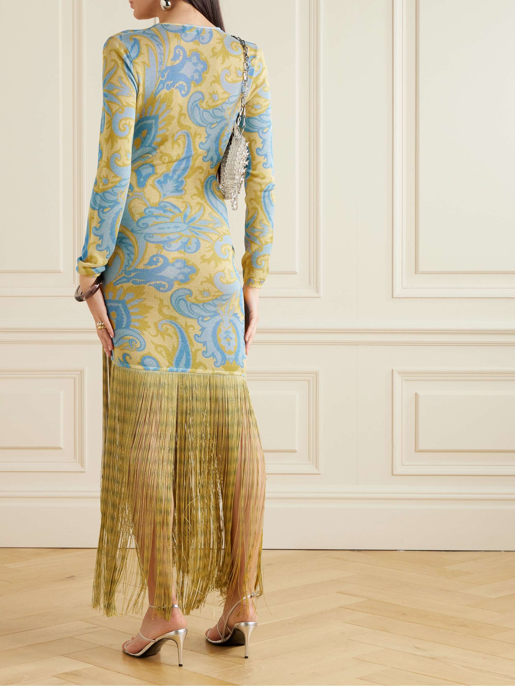 Fringed printed metallic knitted dress view