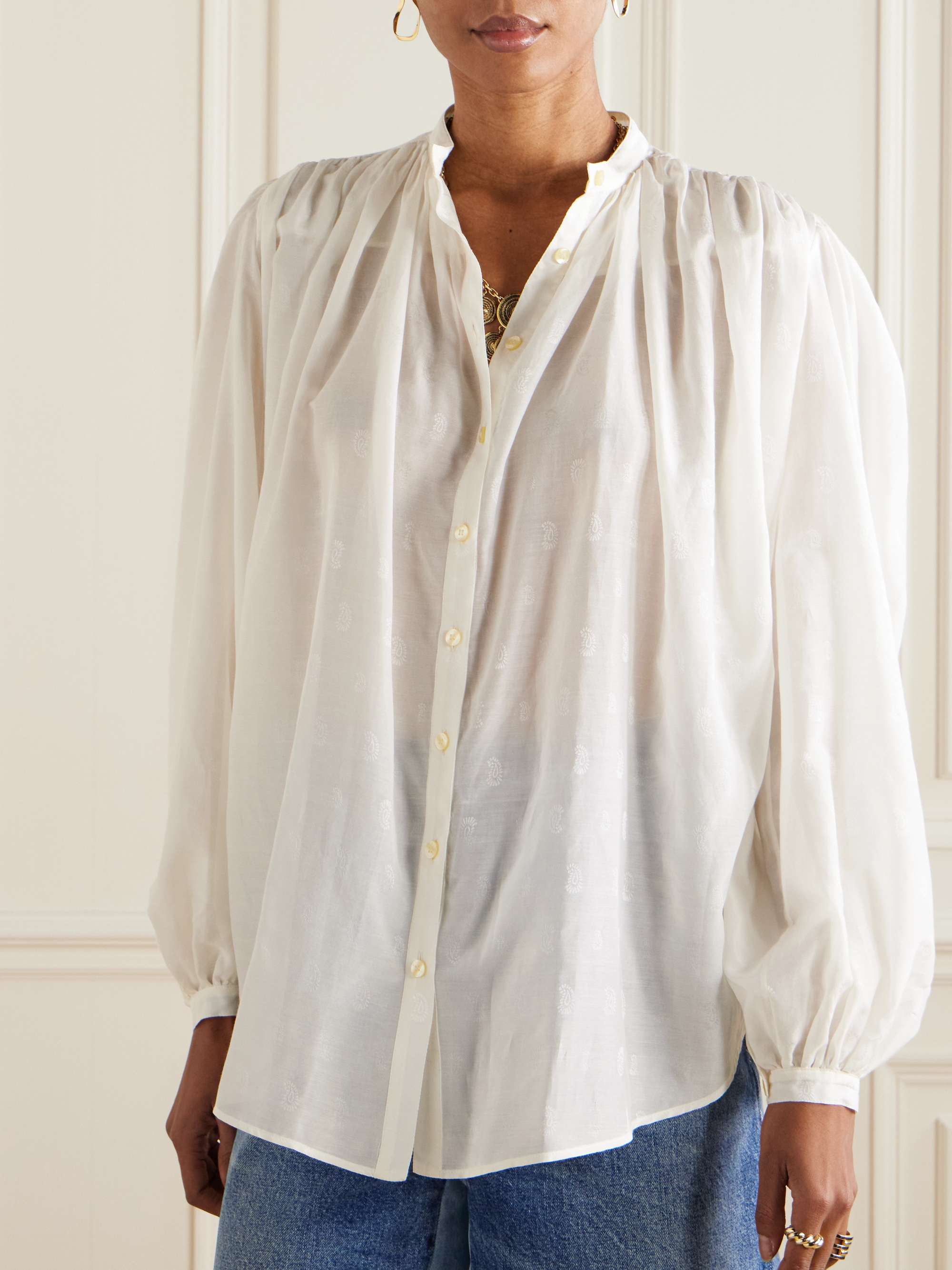 Pleated paisley-print cotton and silk-blend blouse view