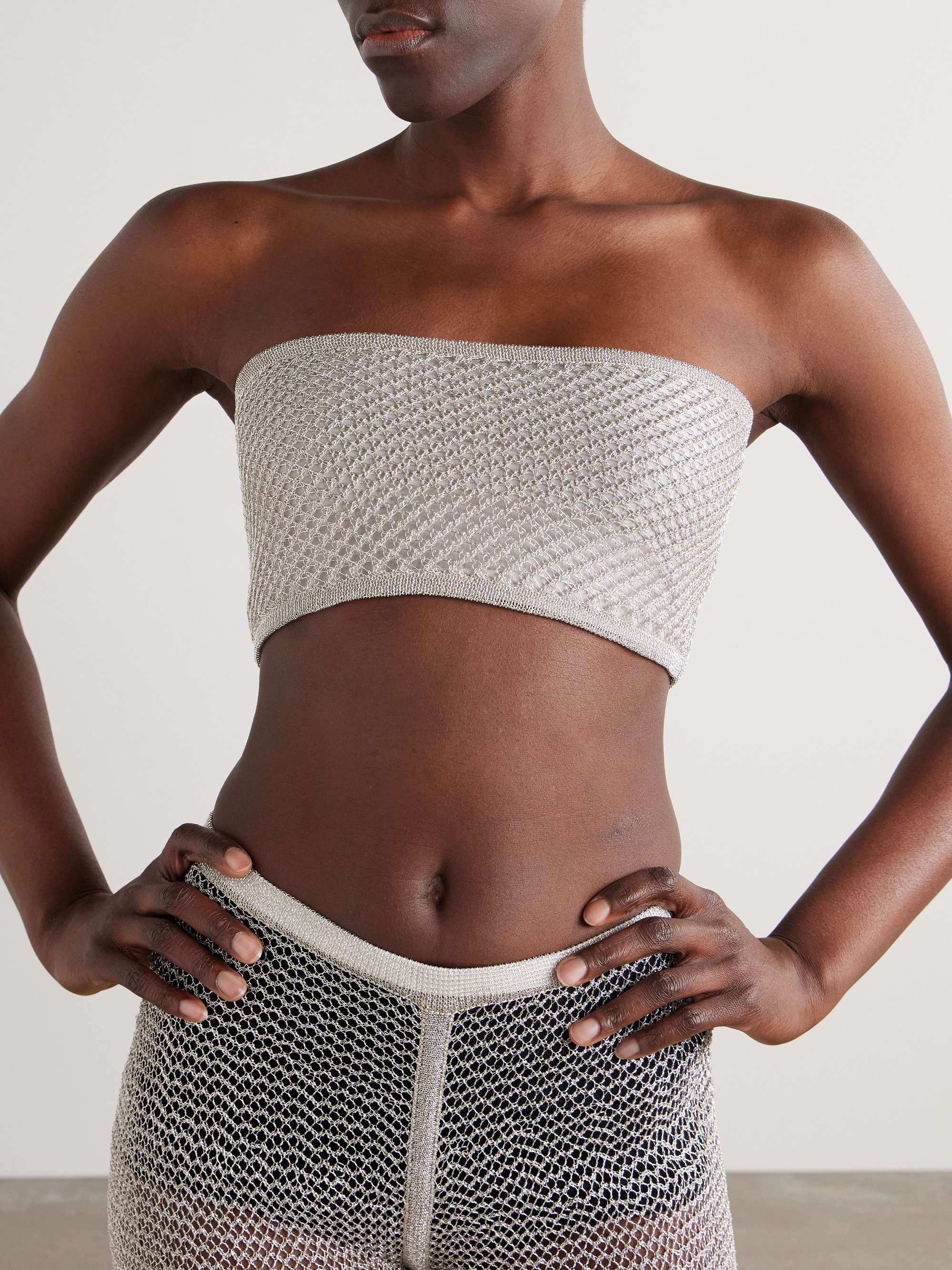 Cropped metallic open-knit bandeau top view
