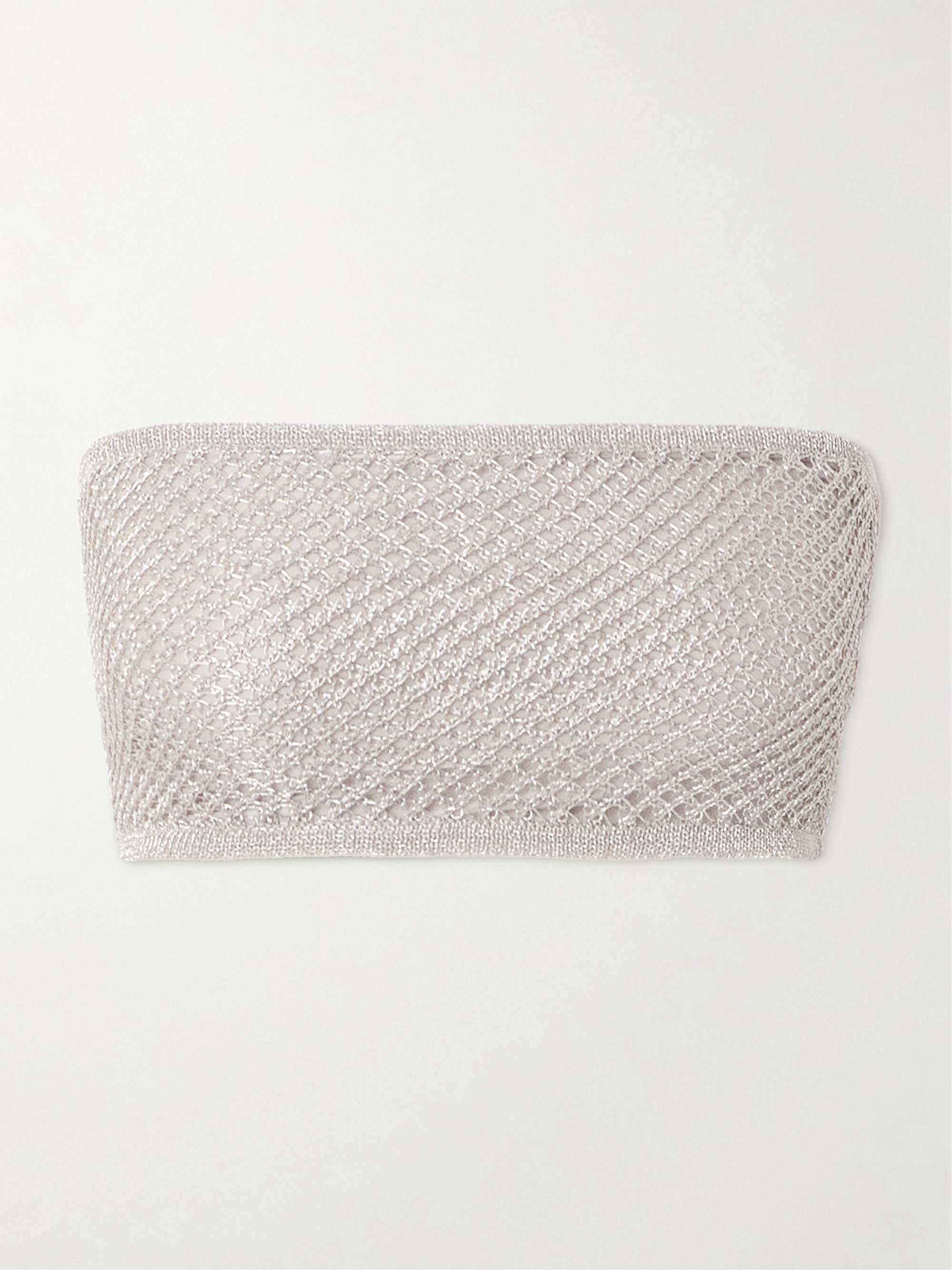 Cropped metallic open-knit bandeau top view