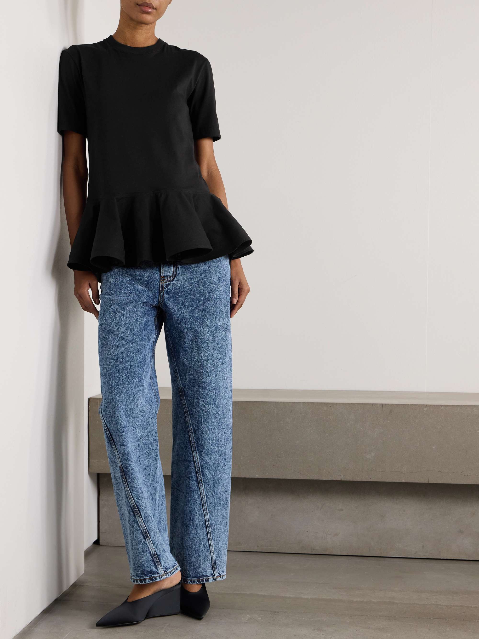 Oversized poplin-trimmed cotton-jersey peplum T-shirt view
