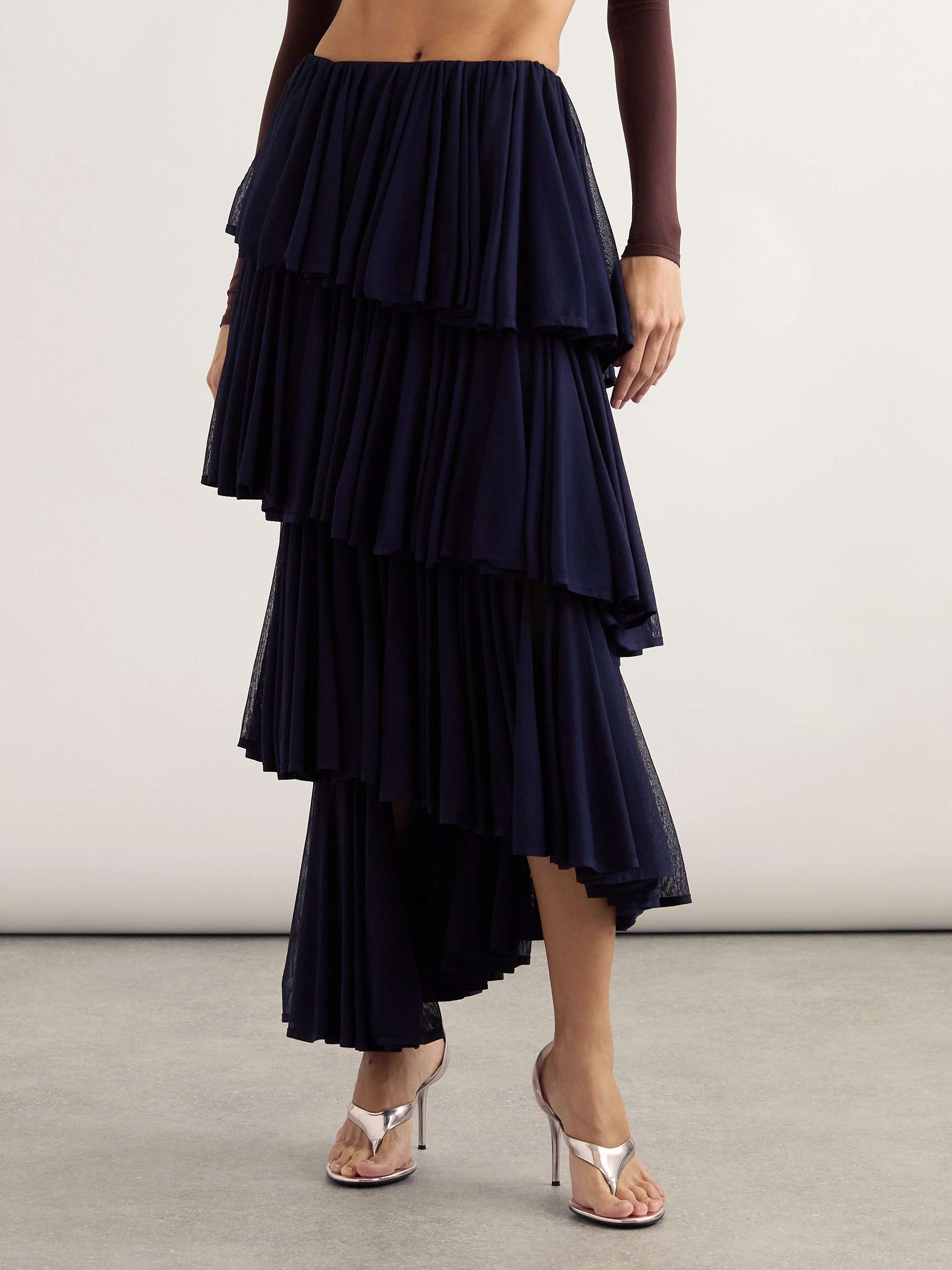 Asymmetric pleated tiered knit midi skirt view