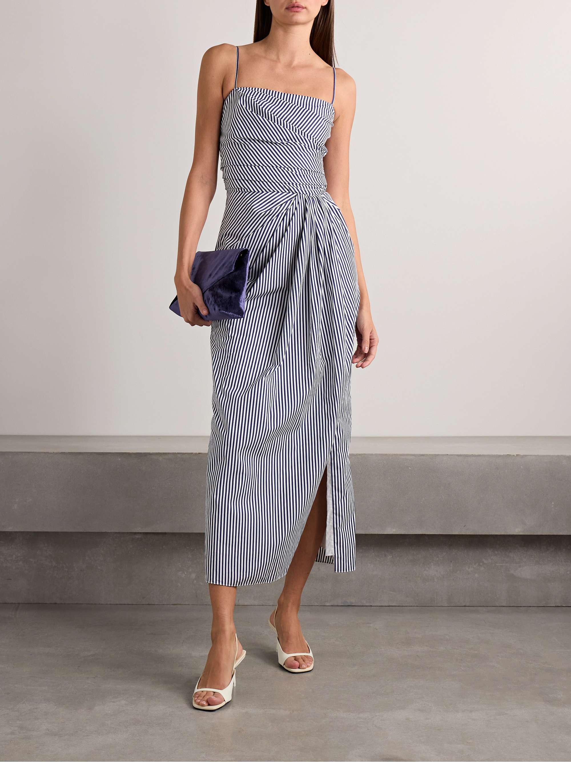 Cari wrap-effect gathered striped cotton-poplin midi dress view