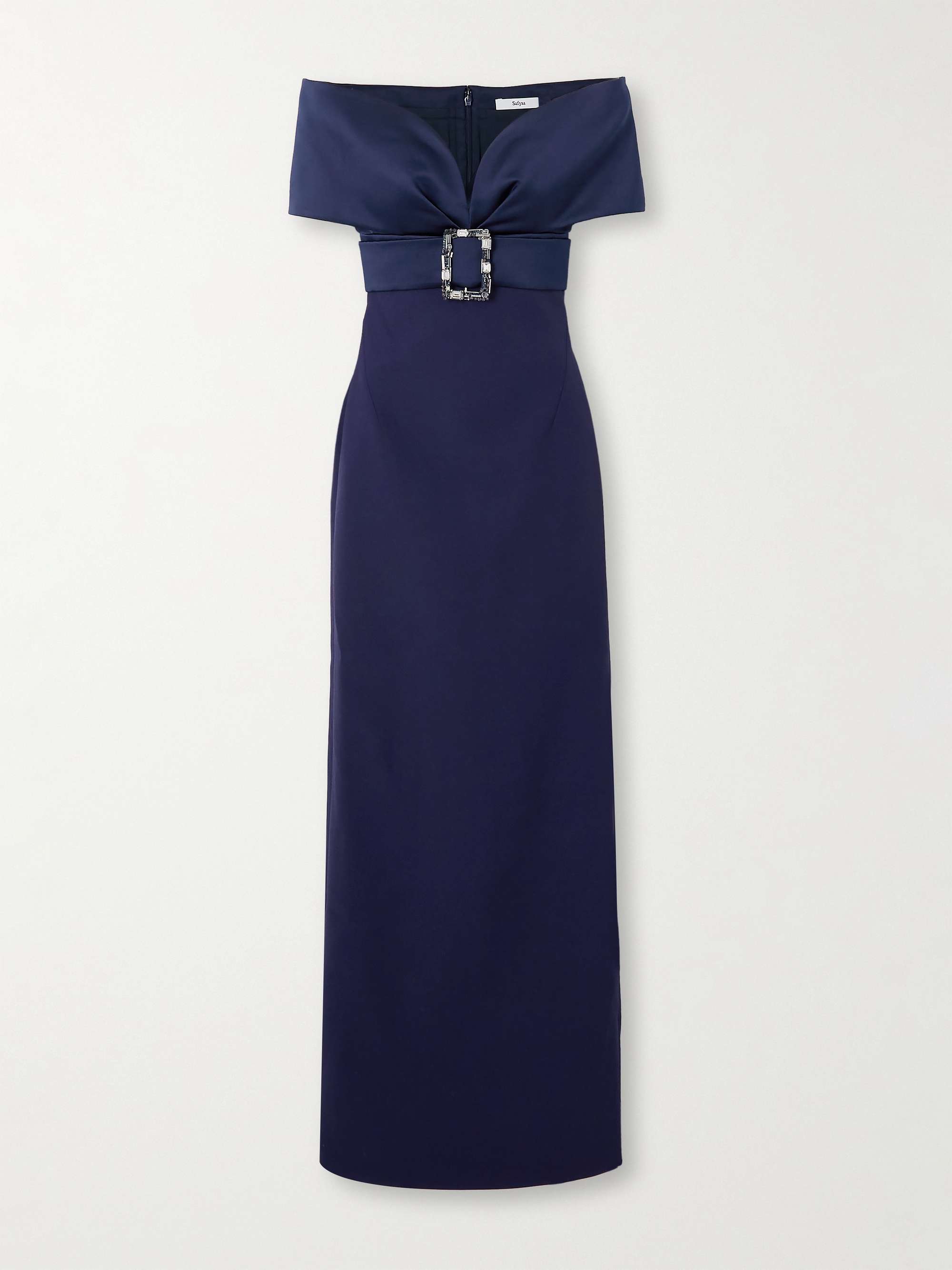 Off-the-shoulder crystal-embellished belted crepe gown view