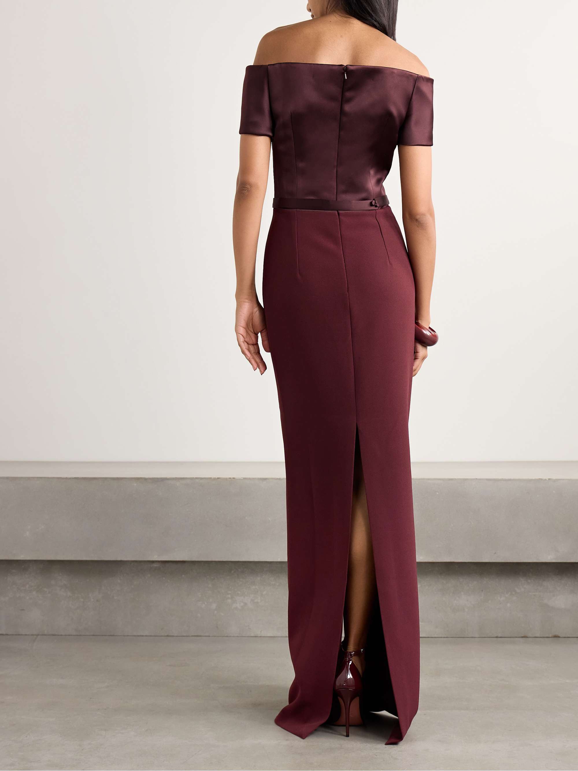 Ebren off-the-shoulder belted duchesse satin-trimmed crepe gown view