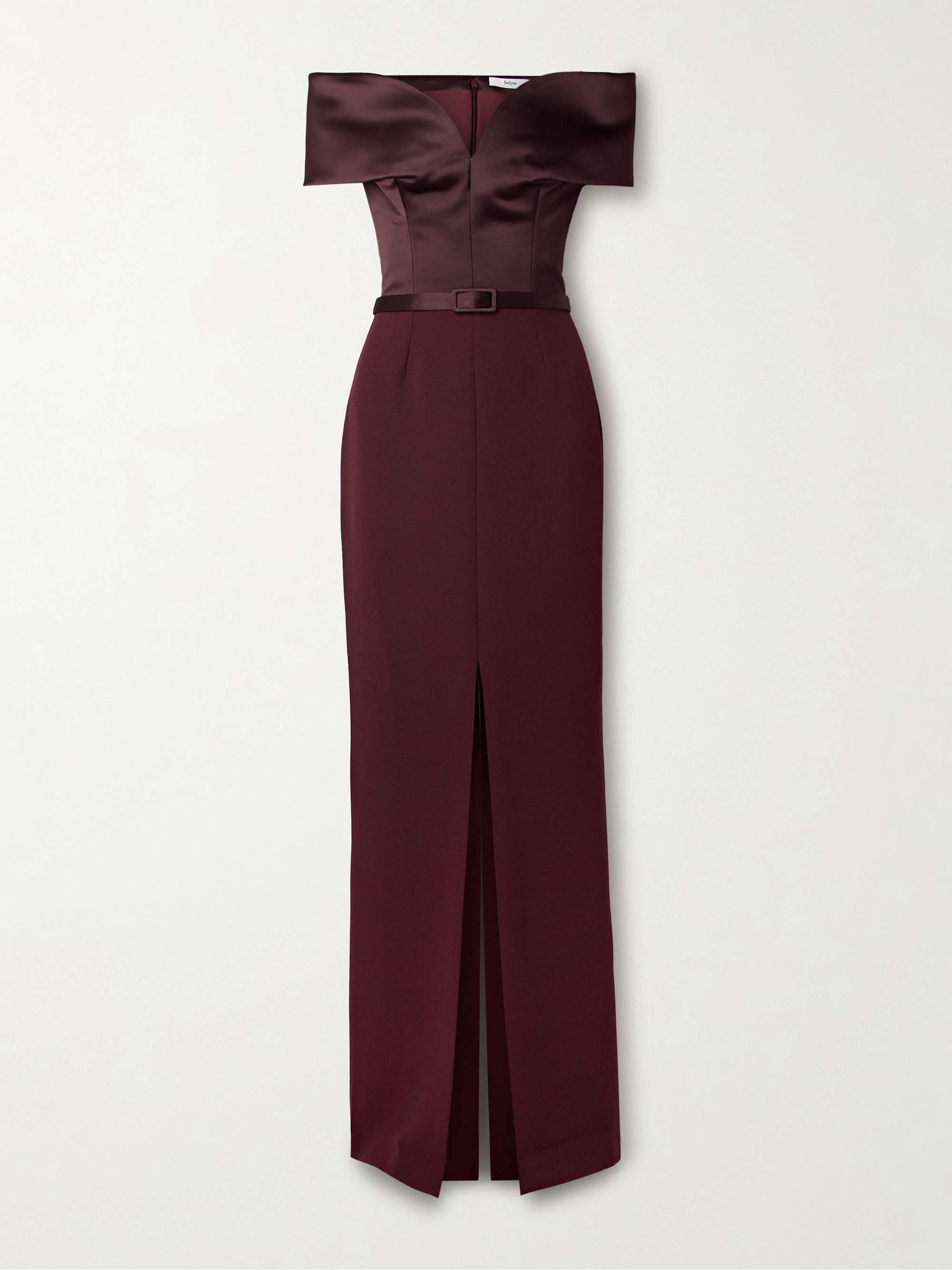 Ebren off-the-shoulder belted duchesse satin-trimmed crepe gown view
